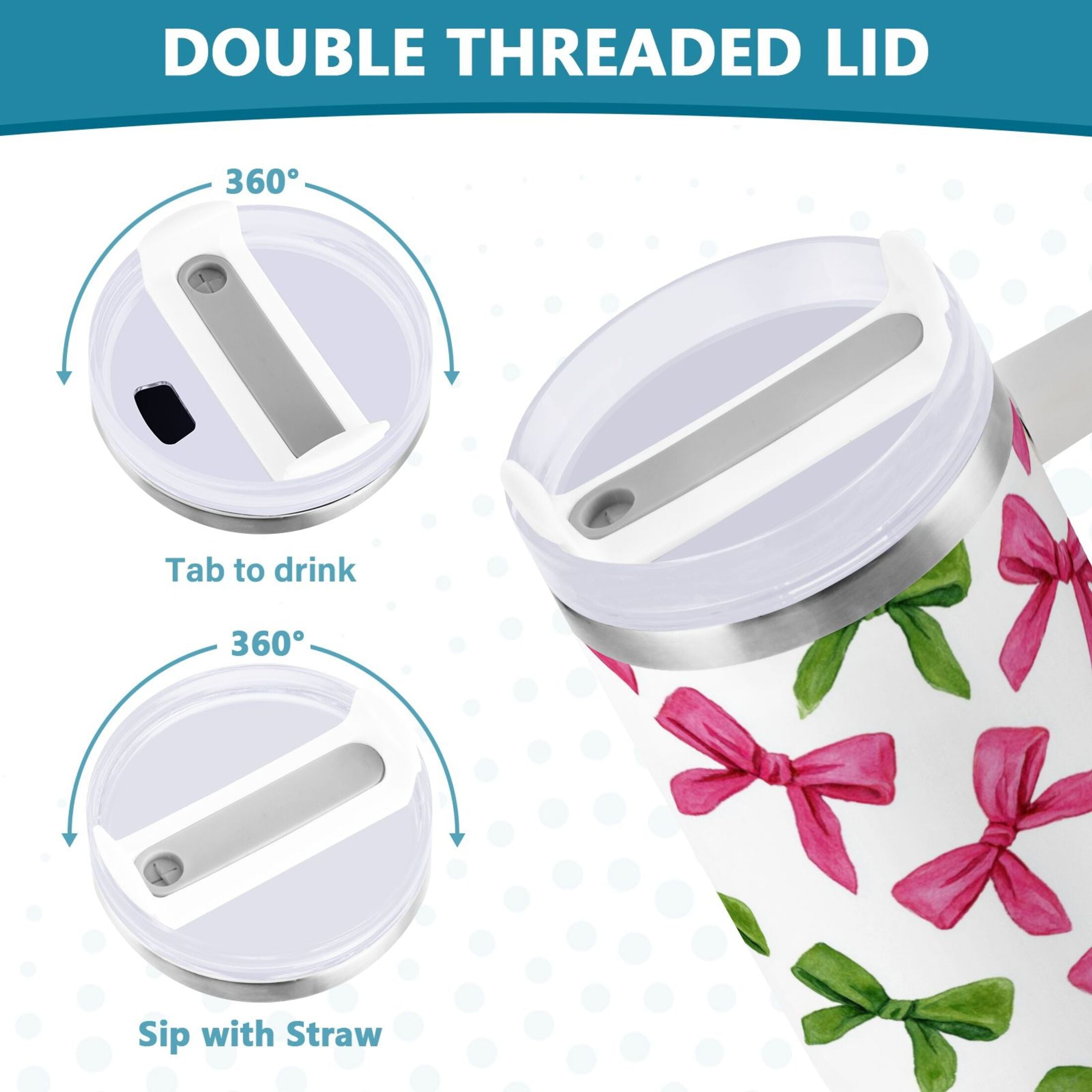 30 oz Insulated Stainless Steel Tumbler Double Wall Stainless Steel Tumbler with 2-Way Drinking Pink Bows and Green Ribbons - Pick 706