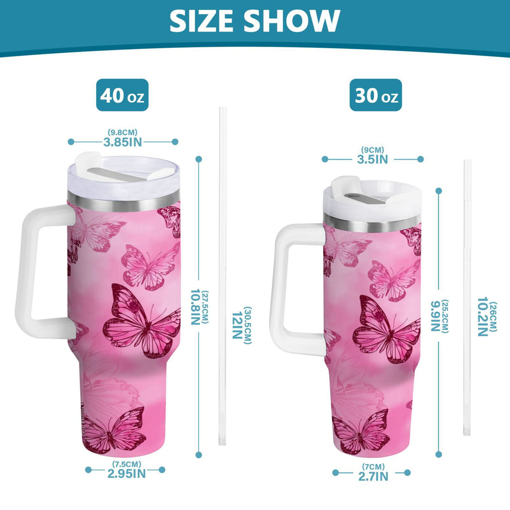 40 oz Insulated Stainless Steel Tumbler Double Wall Stainless Steel Tumbler with 2-Way Drinking Pink Butterfly Pattern - Pick 741