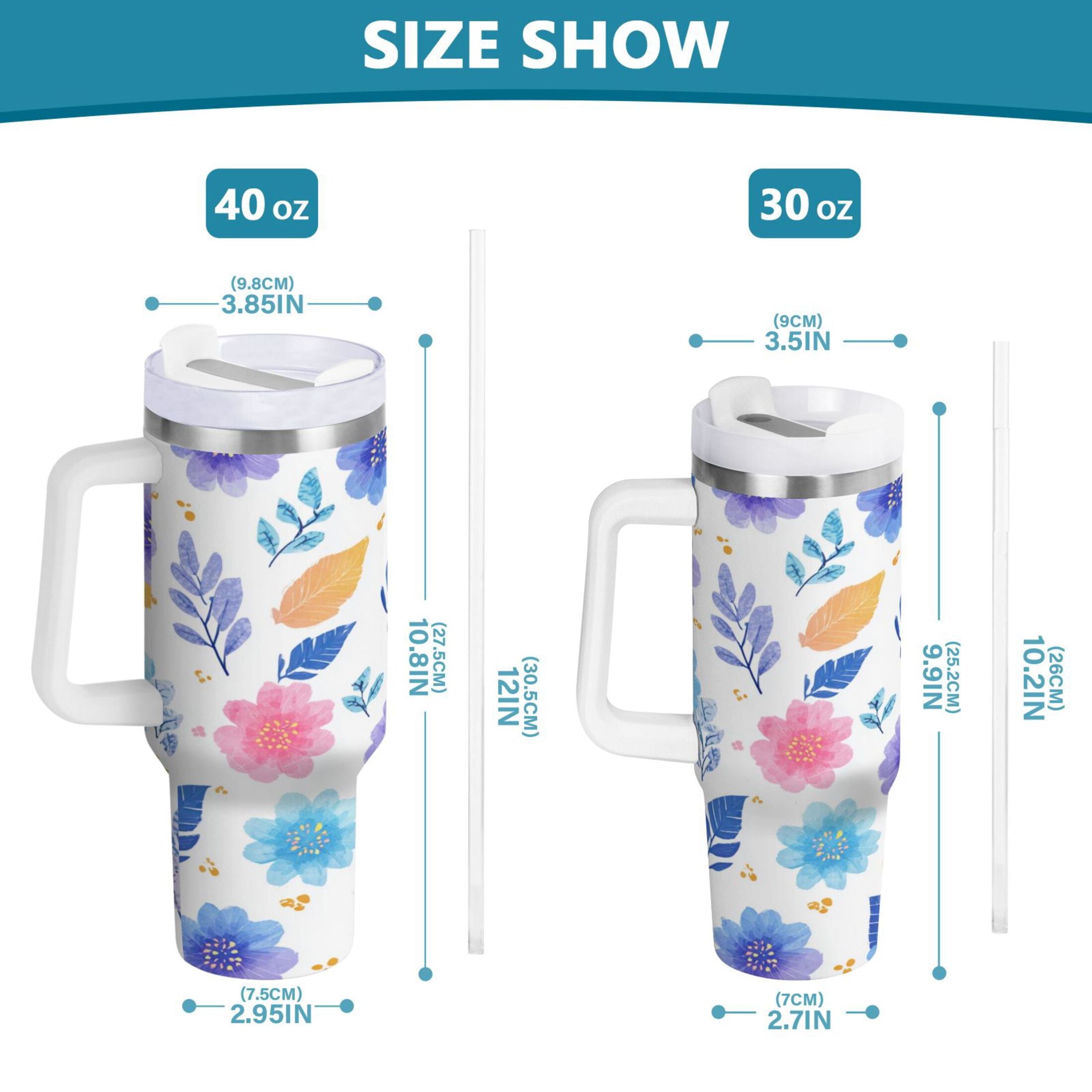30 oz Insulated Stainless Steel Tumbler Double Wall Stainless Steel Tumbler with 2-Way Drinking Blue and Purple Flowers - Pick 625