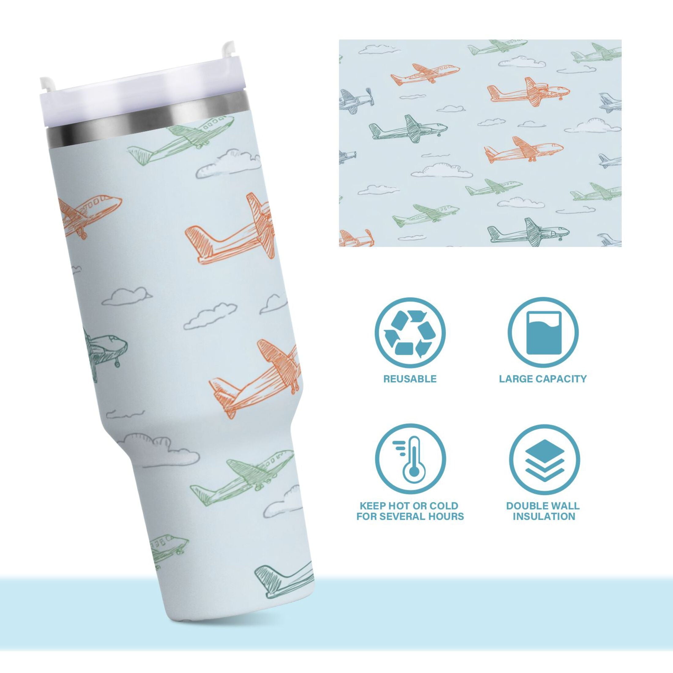 30 oz Insulated Stainless Steel Tumbler Double Wall Stainless Steel Tumbler with 2-Way Drinking Pastel Doodle Airplanes - Pick 332