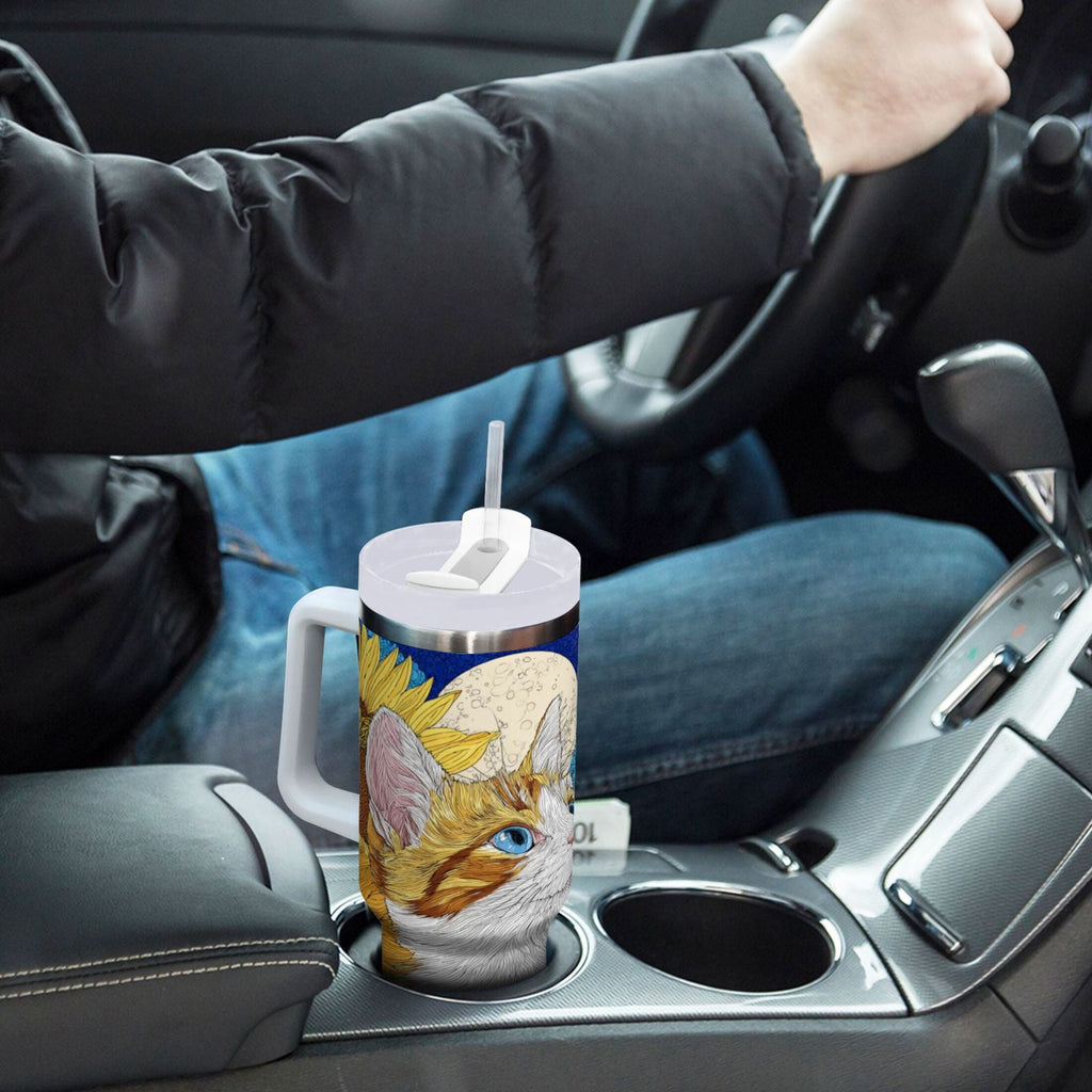 40 oz Insulated Stainless Steel Tumbler Double Wall Stainless Steel Tumbler with 2-Way Drinking Cat Lies in The Sunflowers - Pick 595