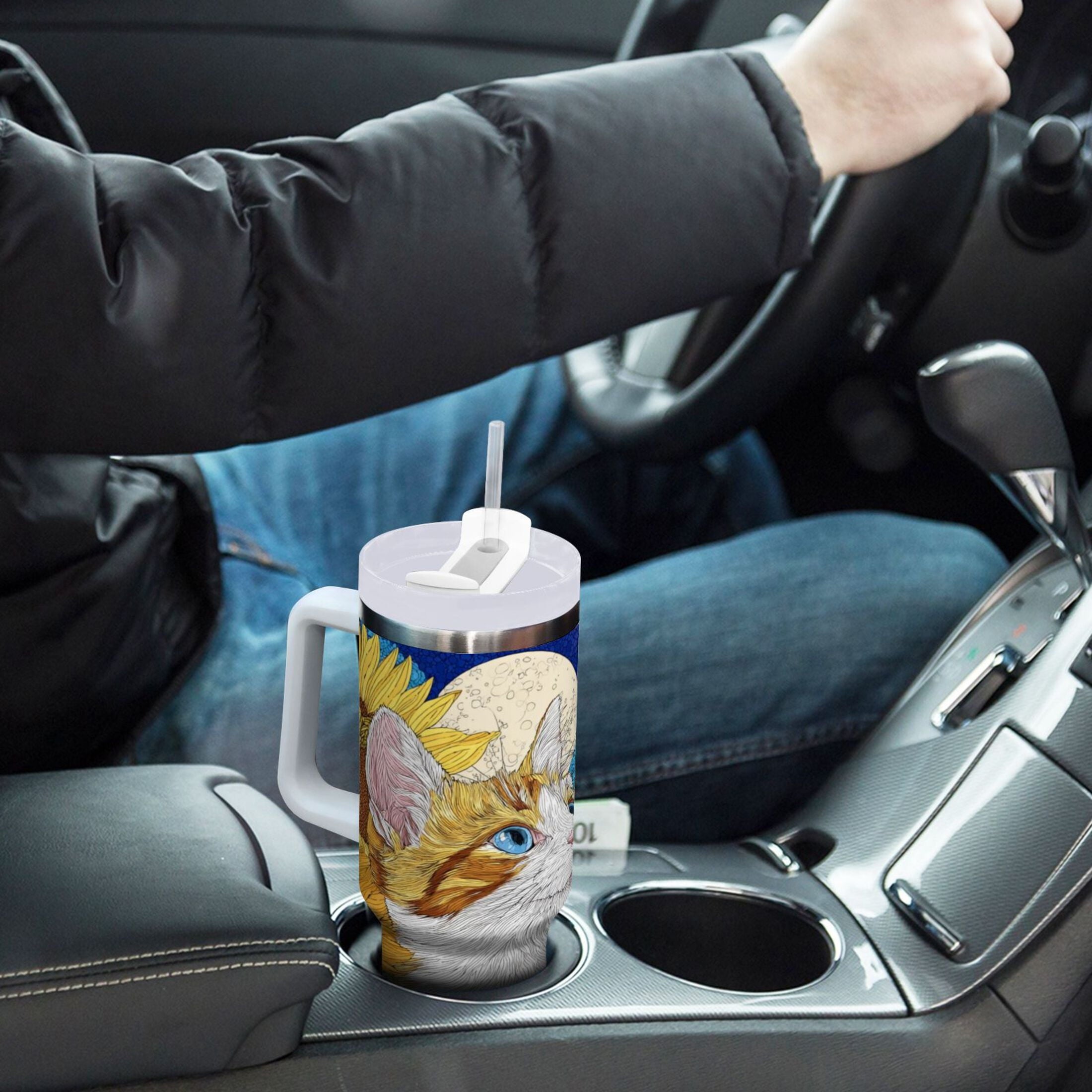 40 oz Insulated Stainless Steel Tumbler Double Wall Stainless Steel Tumbler with 2-Way Drinking Cat Lies in The Sunflowers - Pick 595