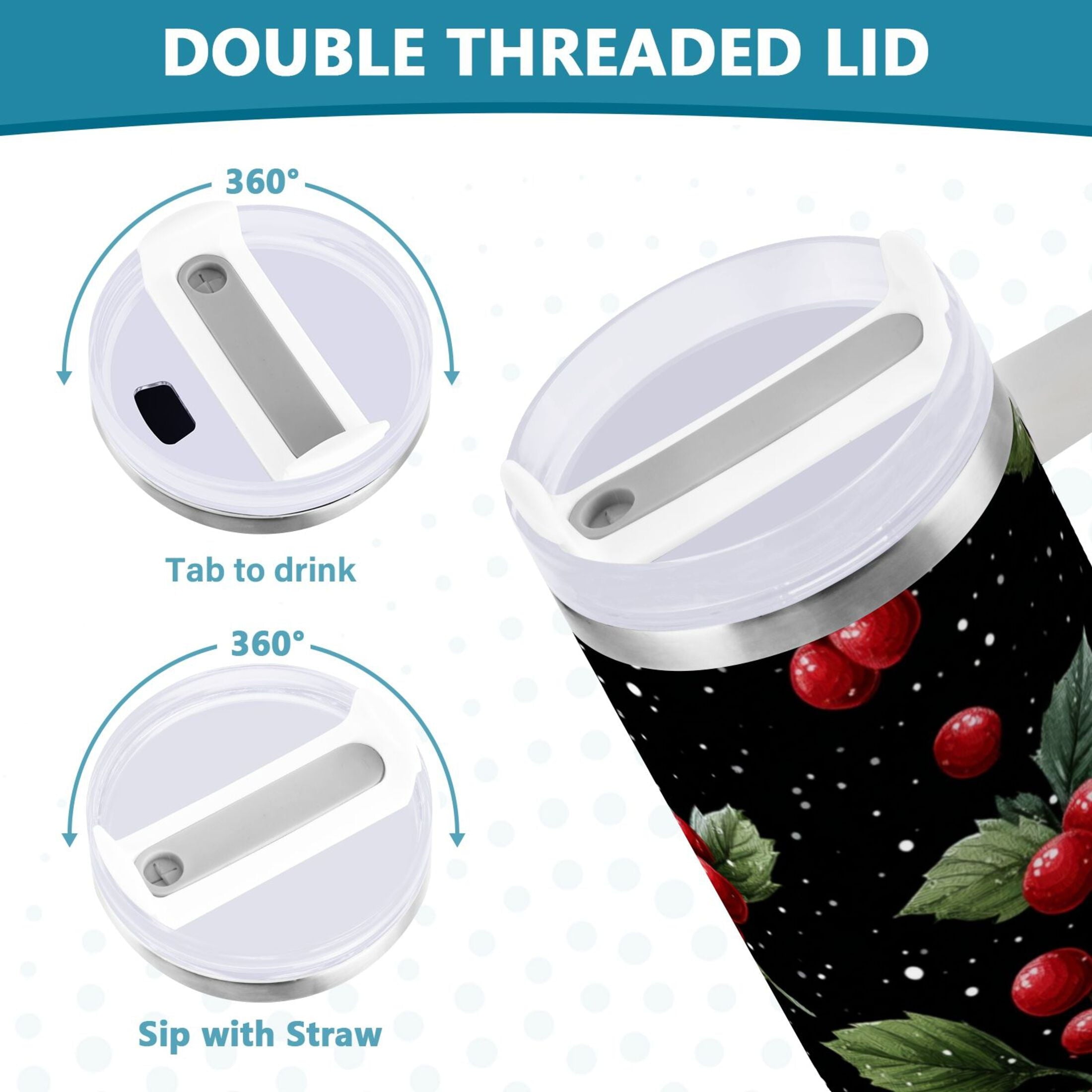 40 oz Insulated Stainless Steel Tumbler Double Wall Stainless Steel Tumbler with 2-Way Drinking Red Holly Berries Pattern - Pick 403