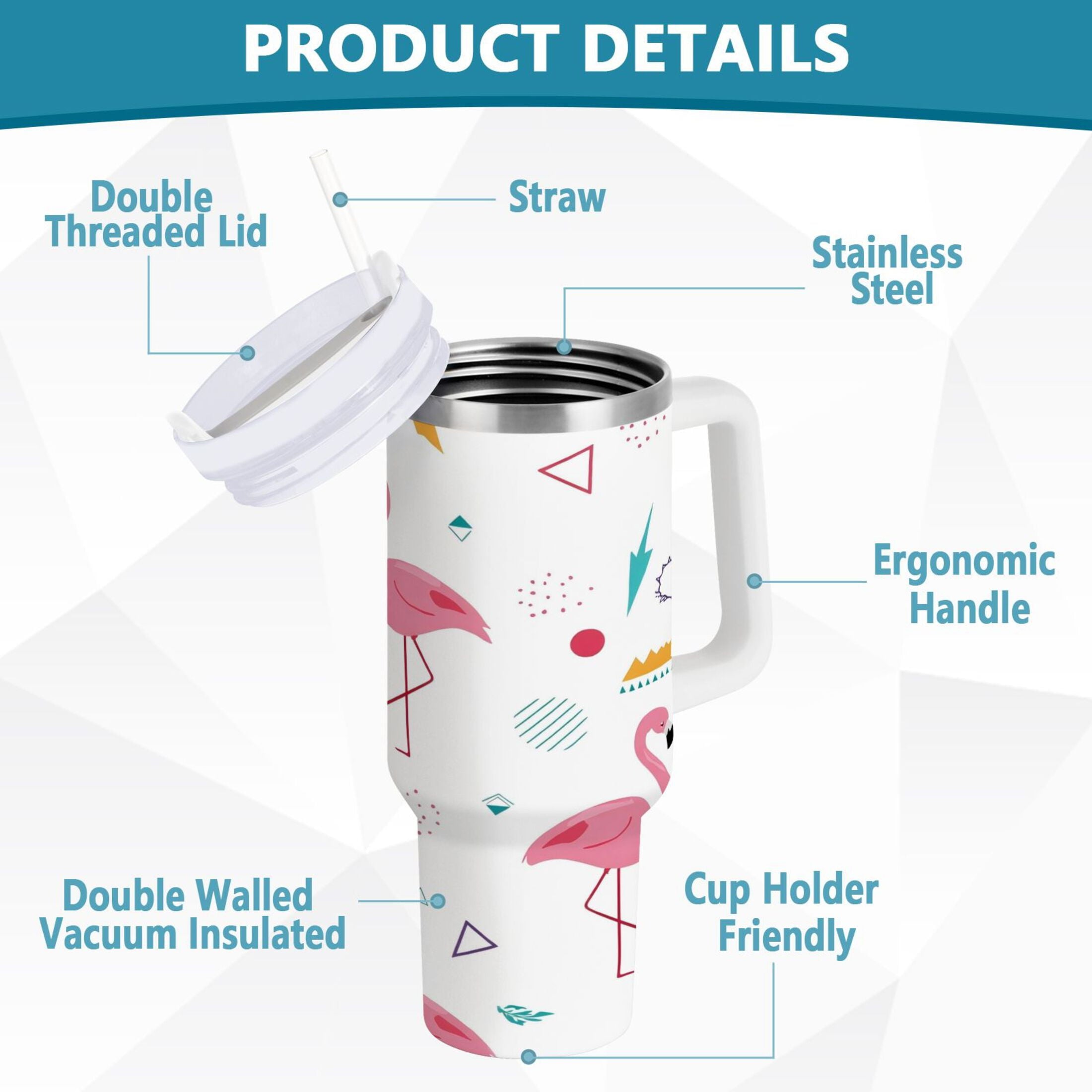 40 oz Insulated Stainless Steel Tumbler Double Wall Stainless Steel Tumbler with 2-Way Drinking Cute Flamingo Pattern - Pick 544