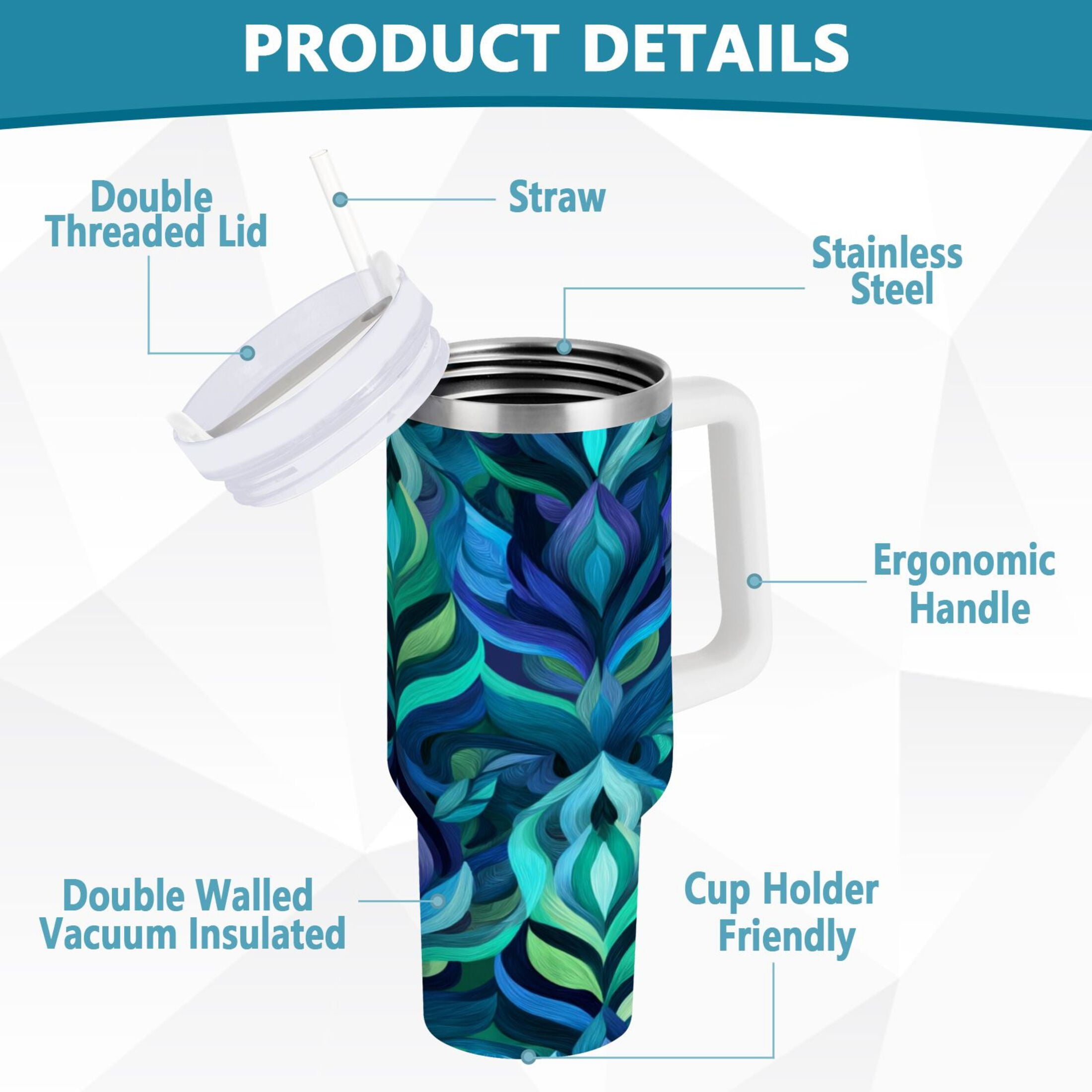 40 oz Insulated Stainless Steel Tumbler Double Wall Stainless Steel Tumbler with 2-Way Drinking Elegant Blue Abstract Shapes - Pick 410