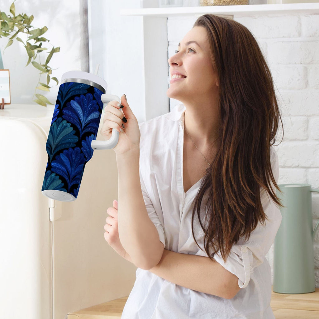 30 oz Insulated Stainless Steel Tumbler Double Wall Stainless Steel Tumbler with 2-Way Drinking Blue Batik Leaves Pattern - Pick 501