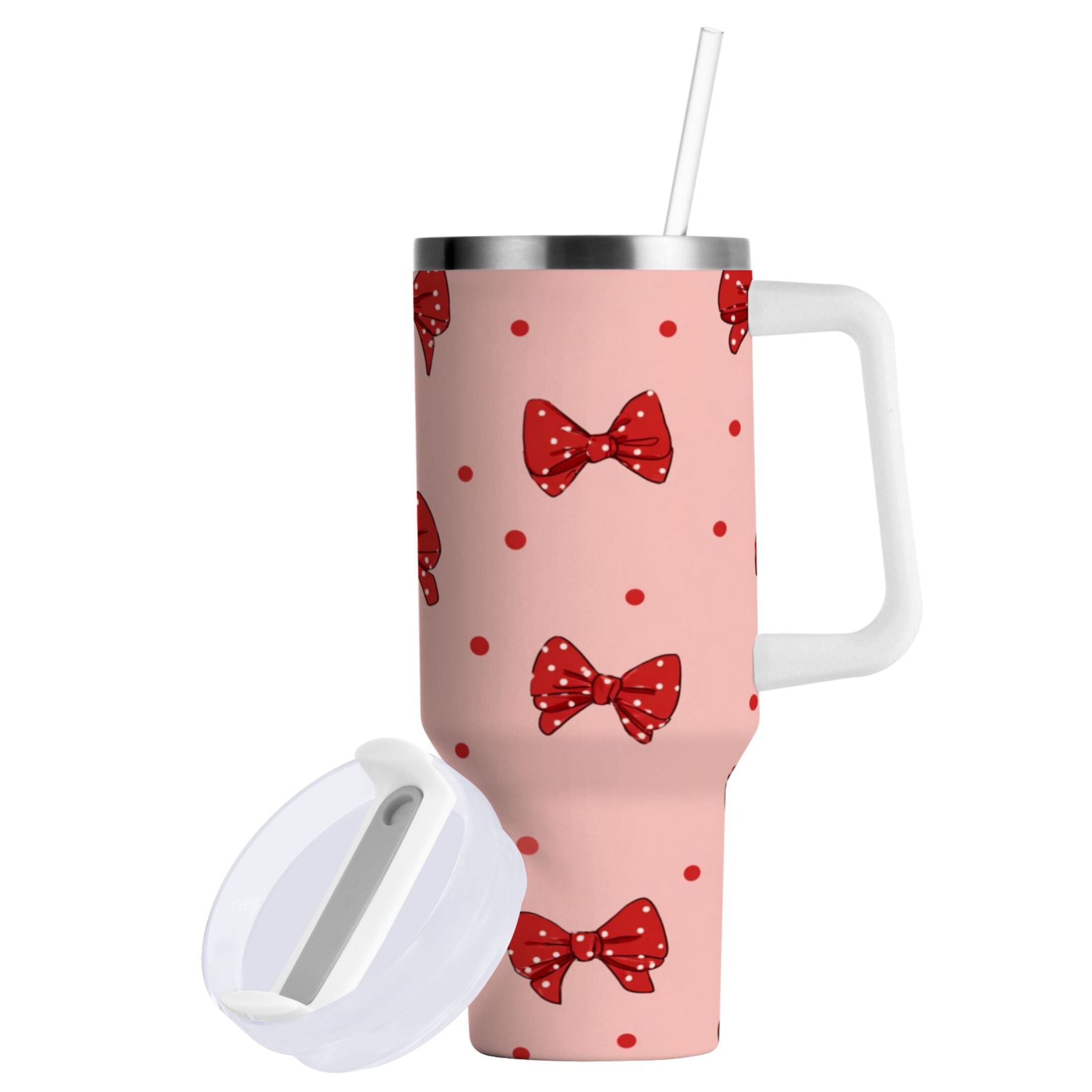 40 oz Insulated Stainless Steel Tumbler Double Wall Stainless Steel Tumbler with 2-Way Drinking Red Bows and Polka Dots - Pick 708