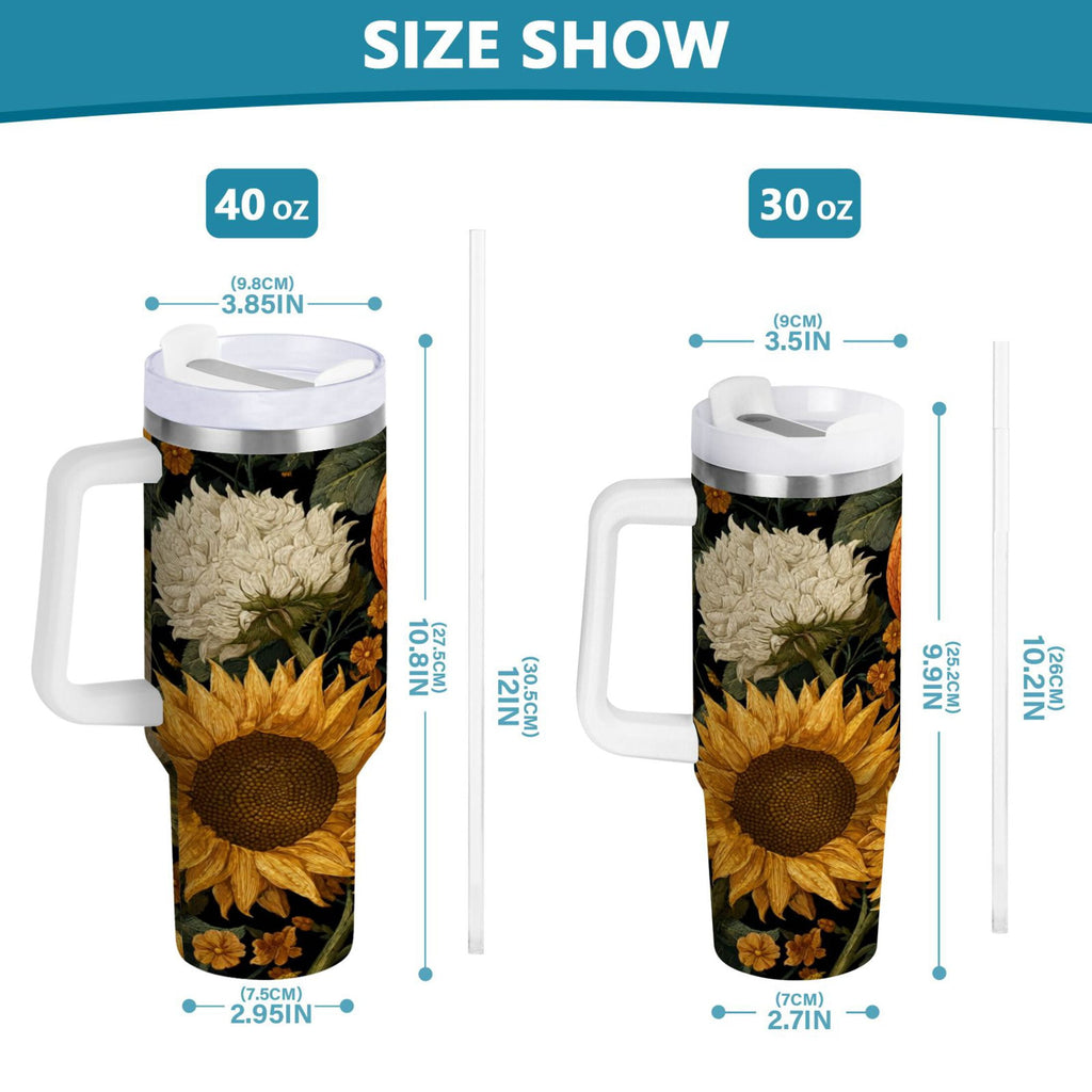 40 oz Insulated Stainless Steel Tumbler Double Wall Stainless Steel Tumbler with 2-Way Drinking Pumpkins and Sunflowers Pattern - Pick 154