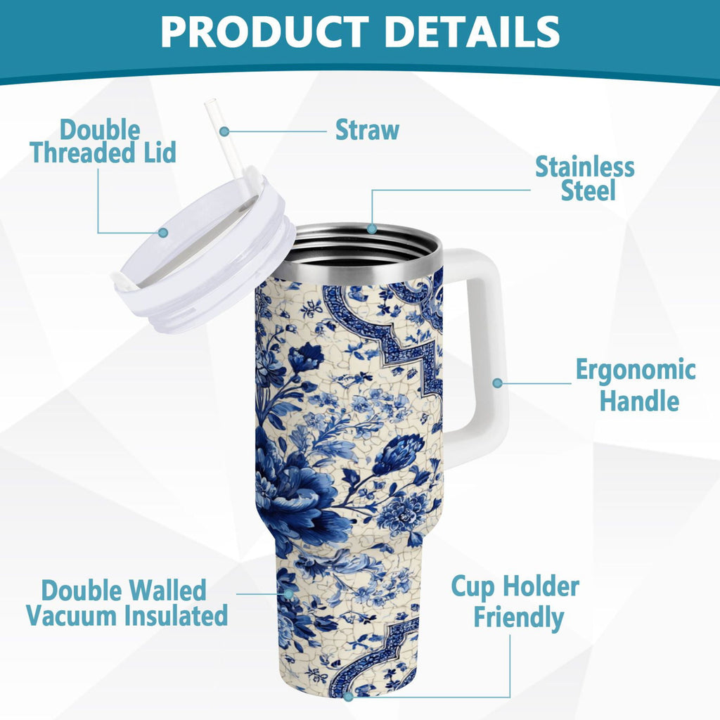 30 oz Insulated Stainless Steel Tumbler Double Wall Stainless Steel Tumbler with 2-Way Drinking Blue and White Porcelain-style - Pick 882