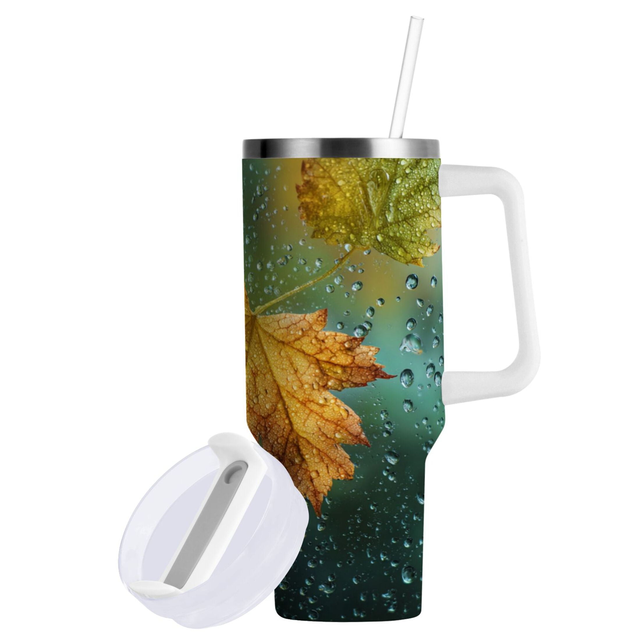 30 oz Insulated Stainless Steel Tumbler Double Wall Stainless Steel Tumbler with 2-Way Drinking Leaves with Water Droplets - Pick 915