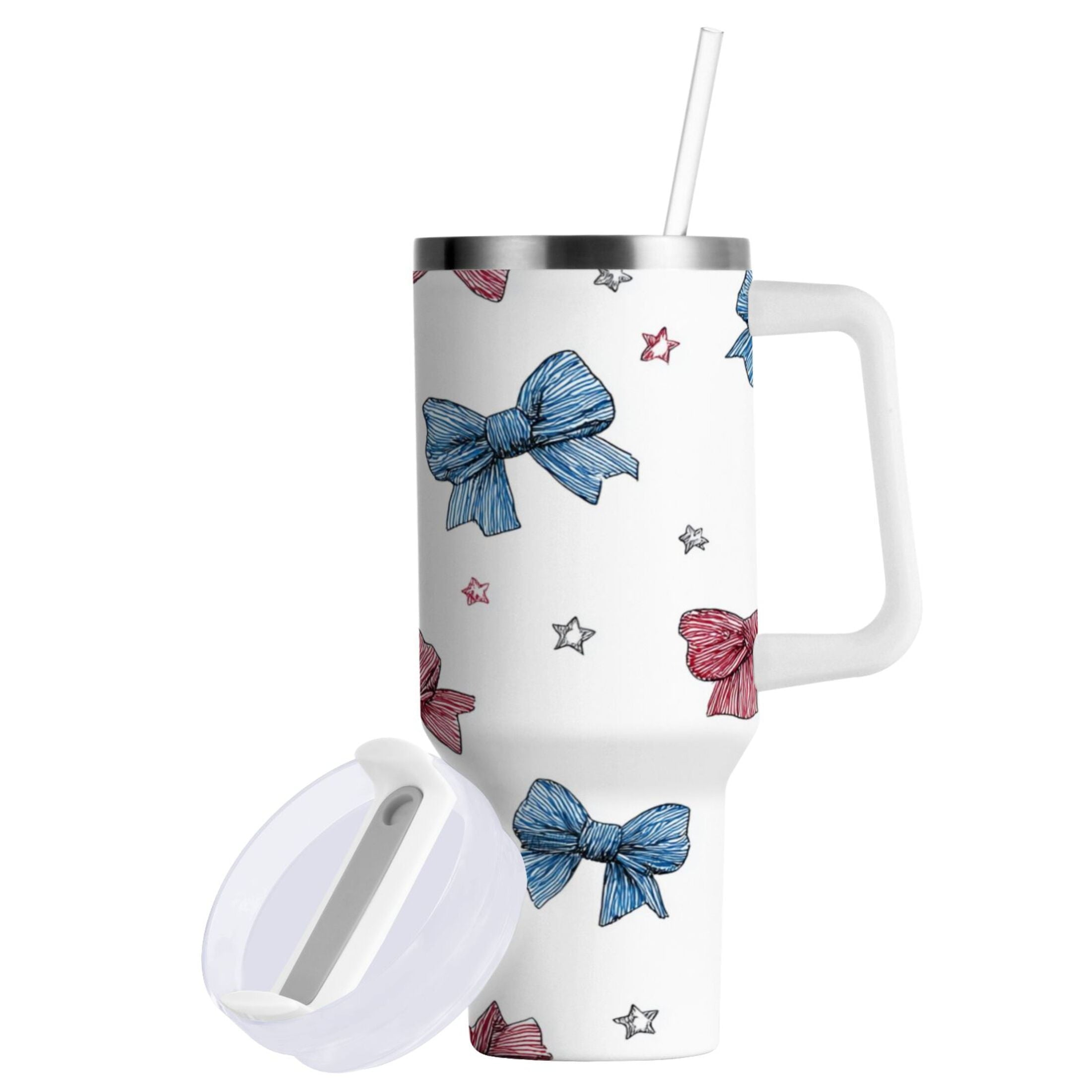 40 oz Insulated Stainless Steel Tumbler Double Wall Stainless Steel Tumbler with 2-Way Drinking Red and Blue Stripes Bows - Pick 250