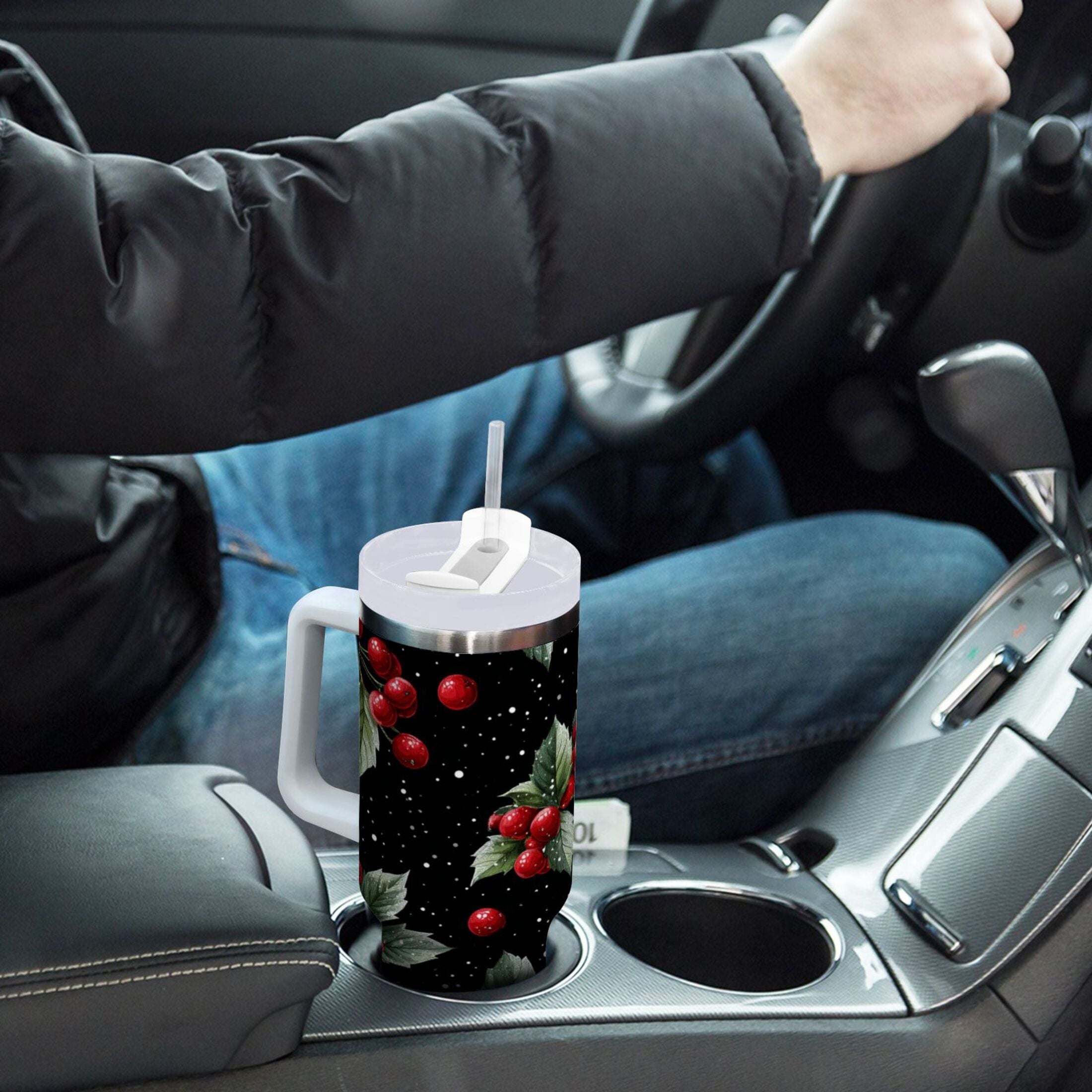 40 oz Insulated Stainless Steel Tumbler Double Wall Stainless Steel Tumbler with 2-Way Drinking Red Holly Berries Pattern - Pick 403