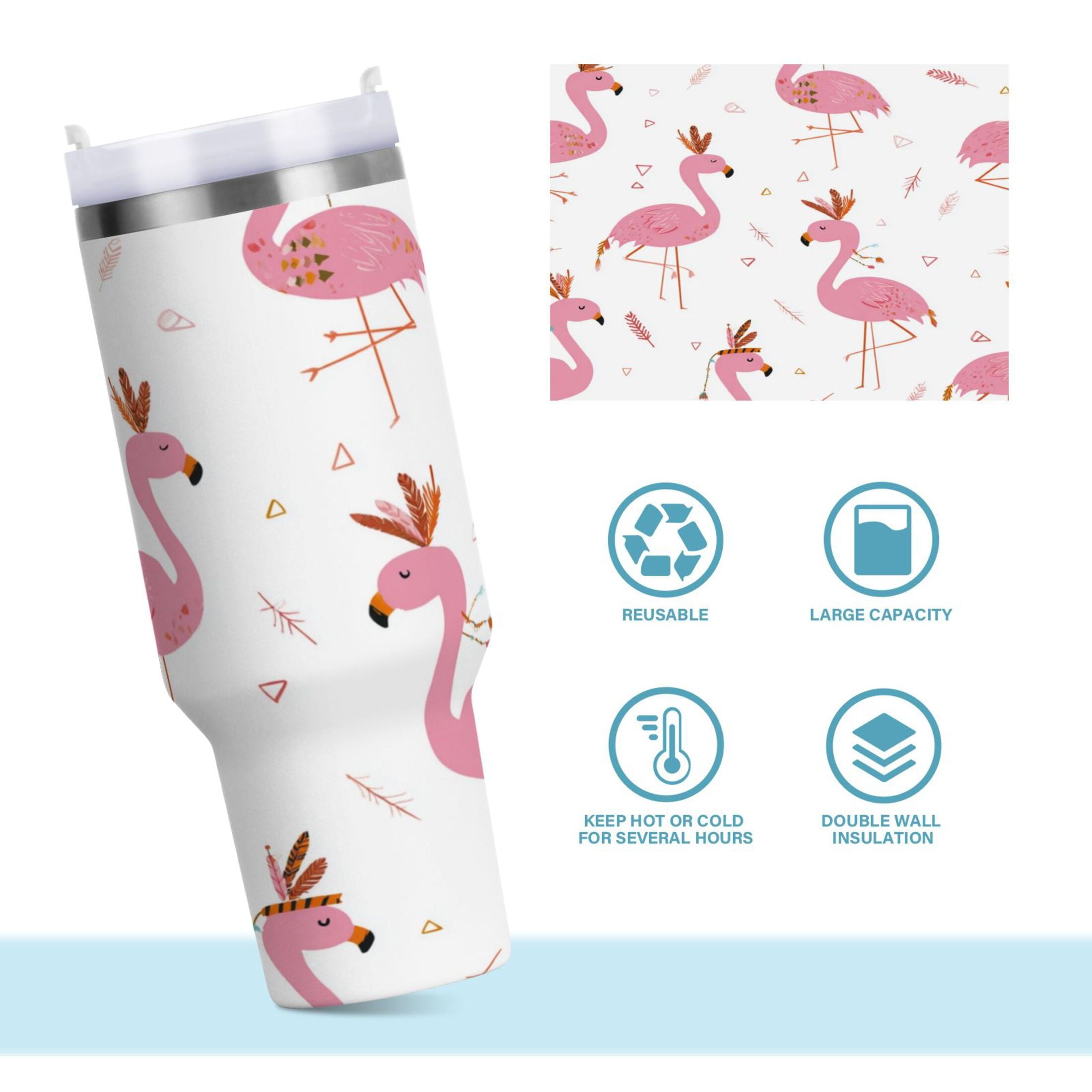 40 oz Insulated Stainless Steel Tumbler Double Wall Stainless Steel Tumbler with 2-Way Drinking Cute Pink Flamingo Pattern - Pick 762