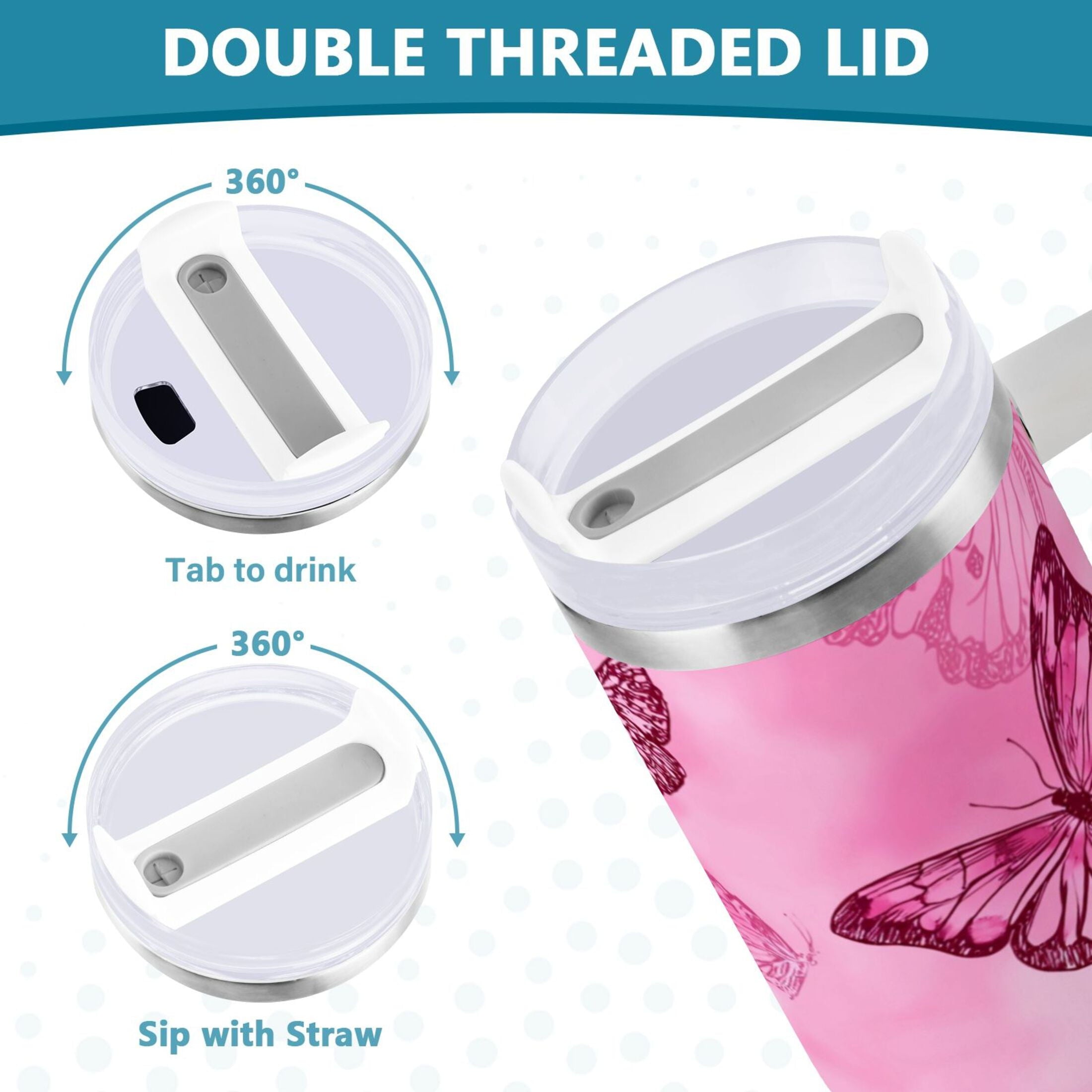 40 oz Insulated Stainless Steel Tumbler Double Wall Stainless Steel Tumbler with 2-Way Drinking Pink Butterfly Pattern - Pick 741