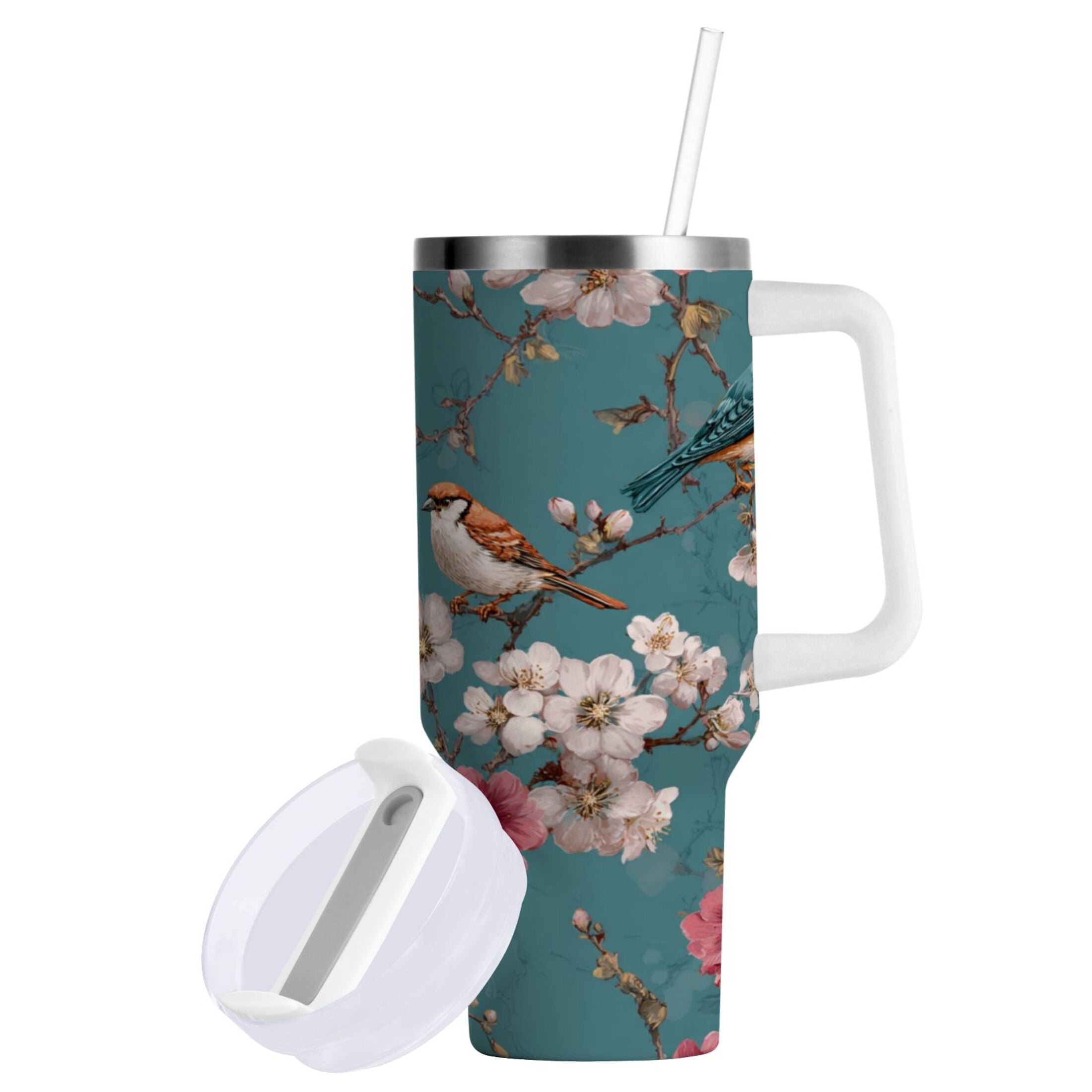 30 oz Insulated Stainless Steel Tumbler Double Wall Stainless Steel Tumbler with 2-Way Drinking Birds and Cherry Pattern - Pick 725