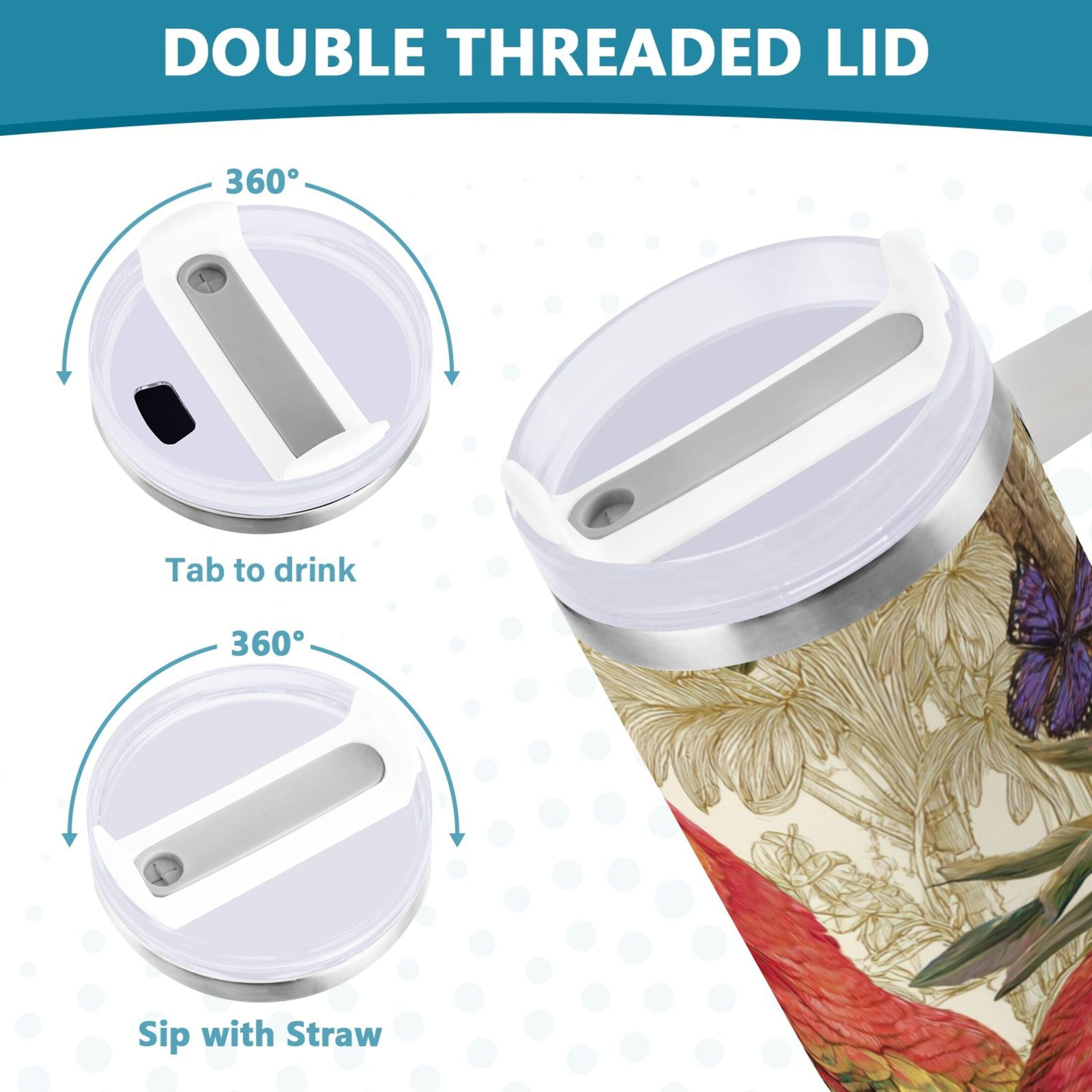 30 oz Insulated Stainless Steel Tumbler Double Wall Stainless Steel Tumbler with 2-Way Drinking Colorful Beautiful Parrots - Pick 300