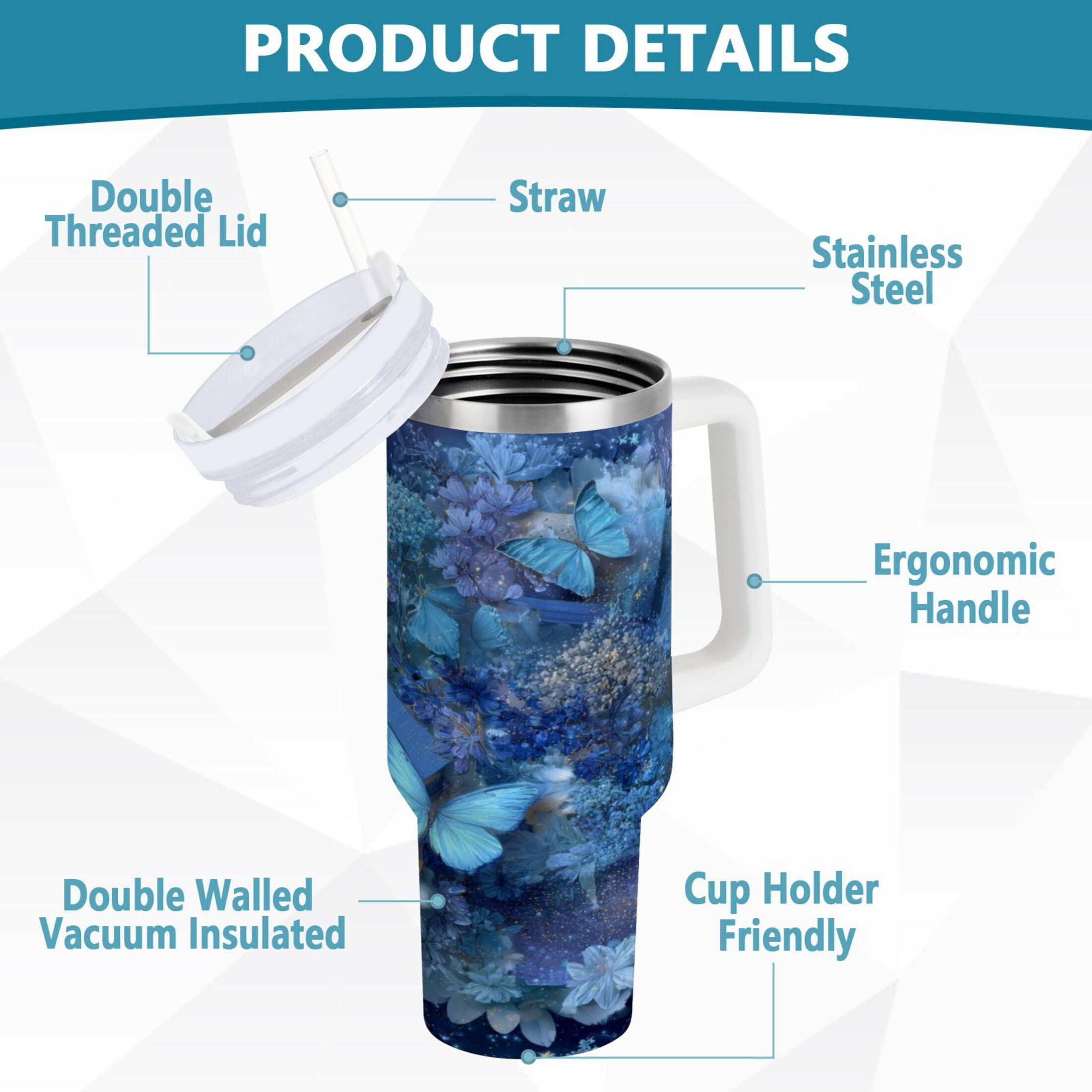 30 oz Insulated Stainless Steel Tumbler Double Wall Stainless Steel Tumbler with 2-Way Drinking Butterflies Books and Flowers - Pick 903