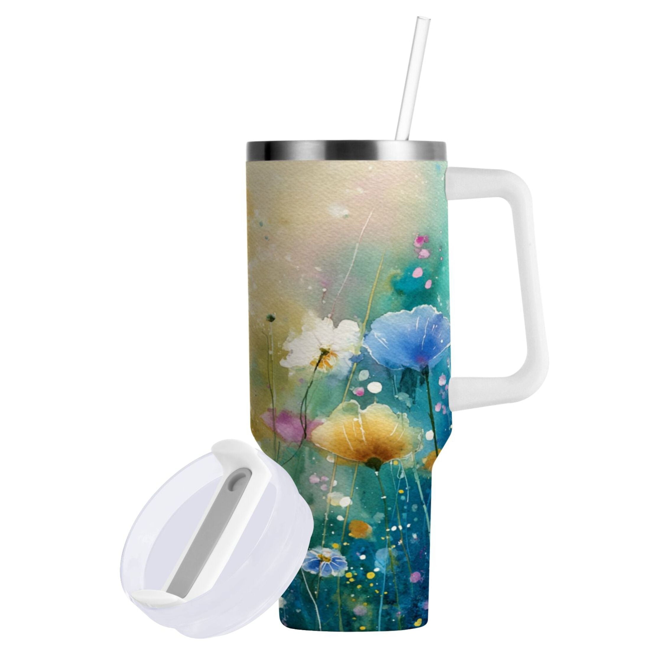 30 oz Insulated Stainless Steel Tumbler Double Wall Stainless Steel Tumbler with 2-Way Drinking Watercolor Wildflowers - Pick 648