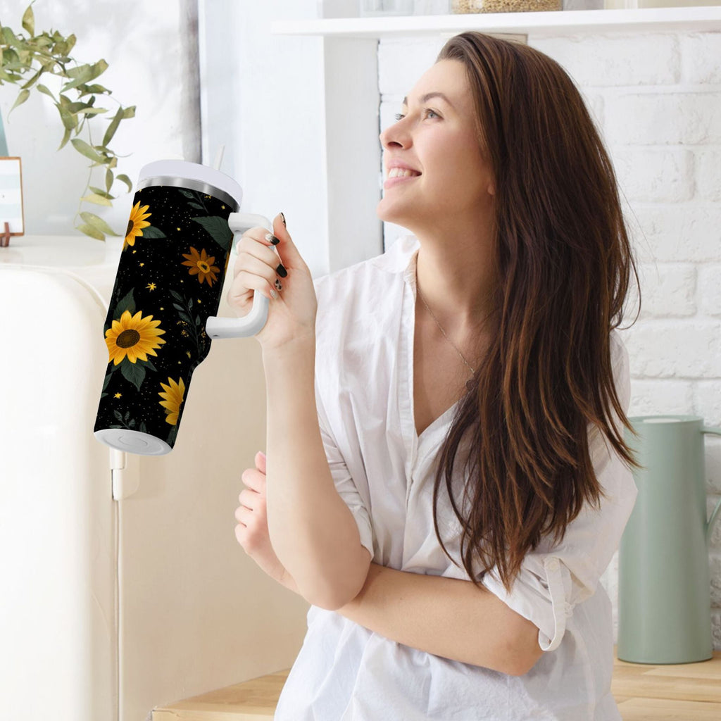 30 oz Insulated Stainless Steel Tumbler Double Wall Stainless Steel Tumbler with 2-Way Drinking Yellow Sunflower Pattern - Pick 808