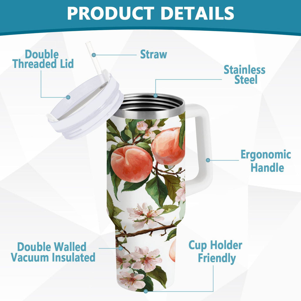 30 oz Insulated Stainless Steel Tumbler Double Wall Stainless Steel Tumbler with 2-Way Drinking Peach Fruit Pattern - Pick 393