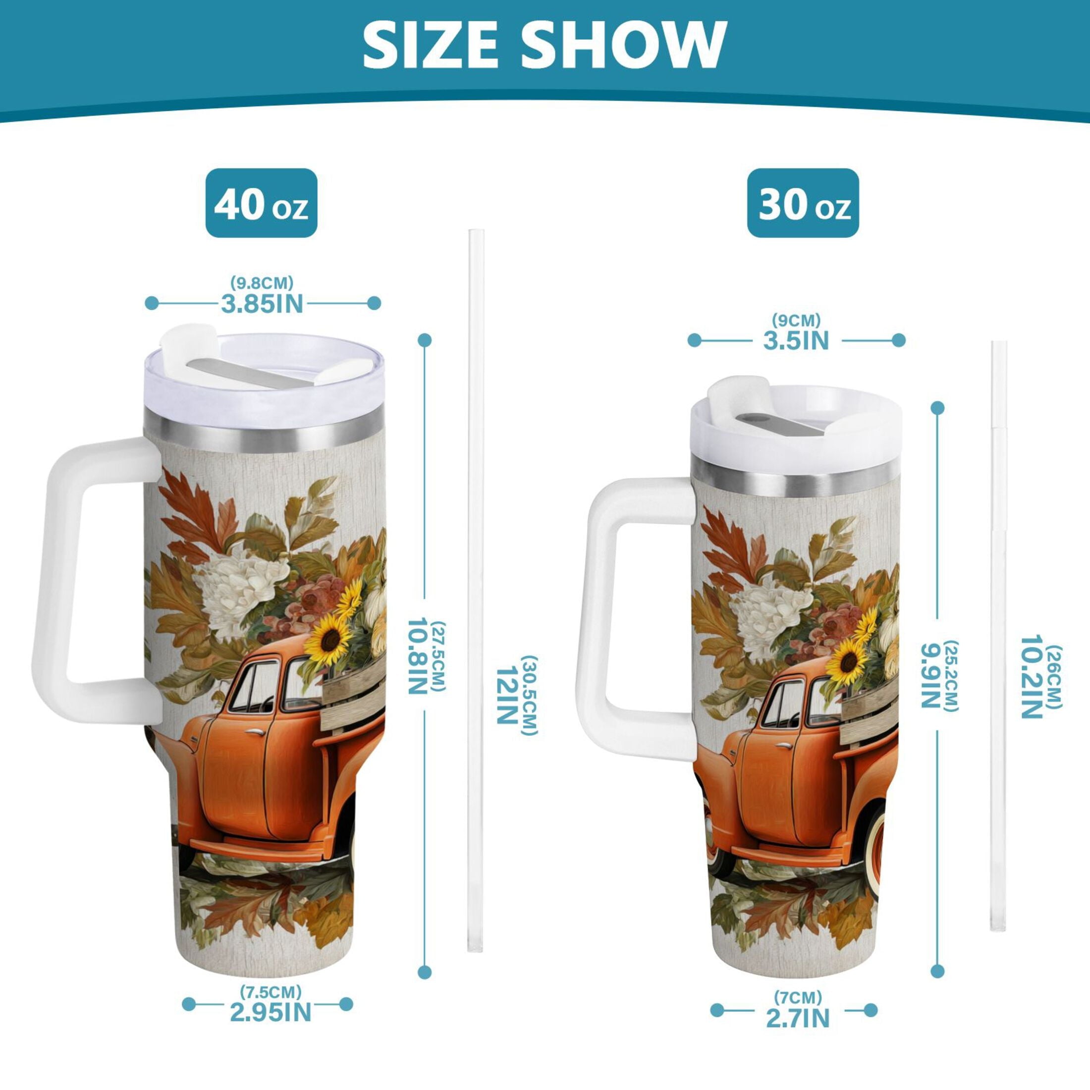 40 oz Insulated Stainless Steel Tumbler Double Wall Stainless Steel Tumbler with 2-Way Drinking Truck Full Of Pumpkins - Pick 103