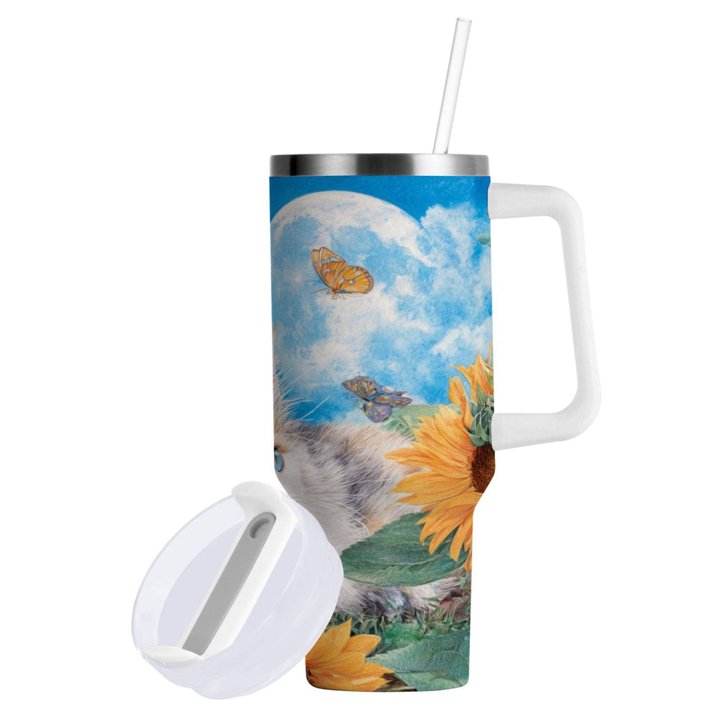 40 oz Insulated Stainless Steel Tumbler Double Wall Stainless Steel Tumbler with 2-Way Drinking Playful Cat Lying Sunflowers - Pick 924