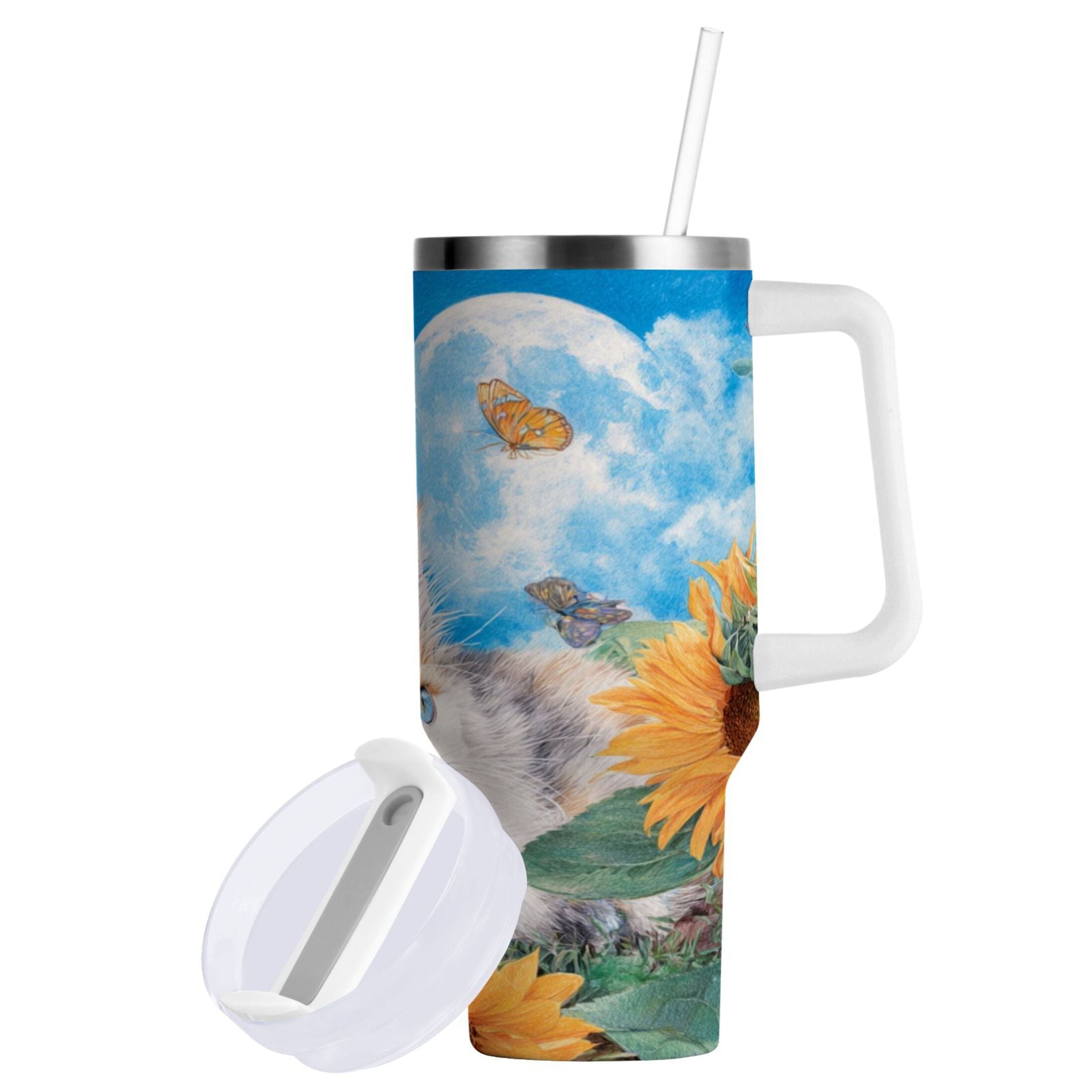40 oz Insulated Stainless Steel Tumbler Double Wall Stainless Steel Tumbler with 2-Way Drinking Playful Cat Lying Sunflowers - Pick 924