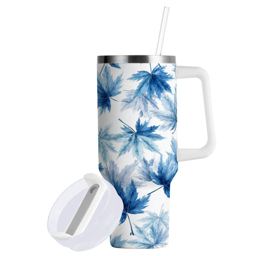 30 oz Insulated Stainless Steel Tumbler Double Wall Stainless Steel Tumbler with 2-Way Drinking Abstract Blue Maple Leaves - Pick 826