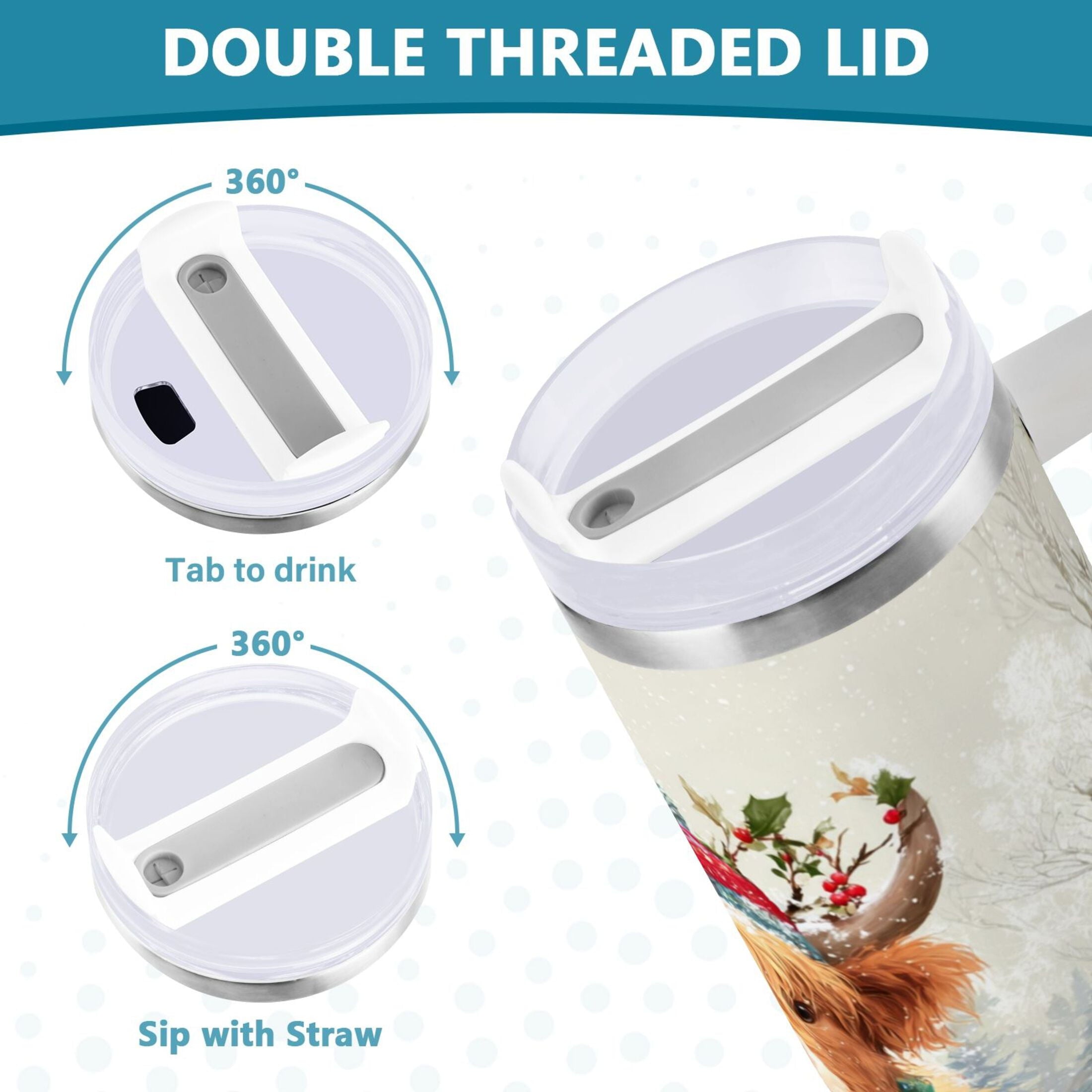 30 oz Insulated Stainless Steel Tumbler Double Wall Stainless Steel Tumbler with 2-Way Drinking Cow Wearing Christmas Hat - Pick 808