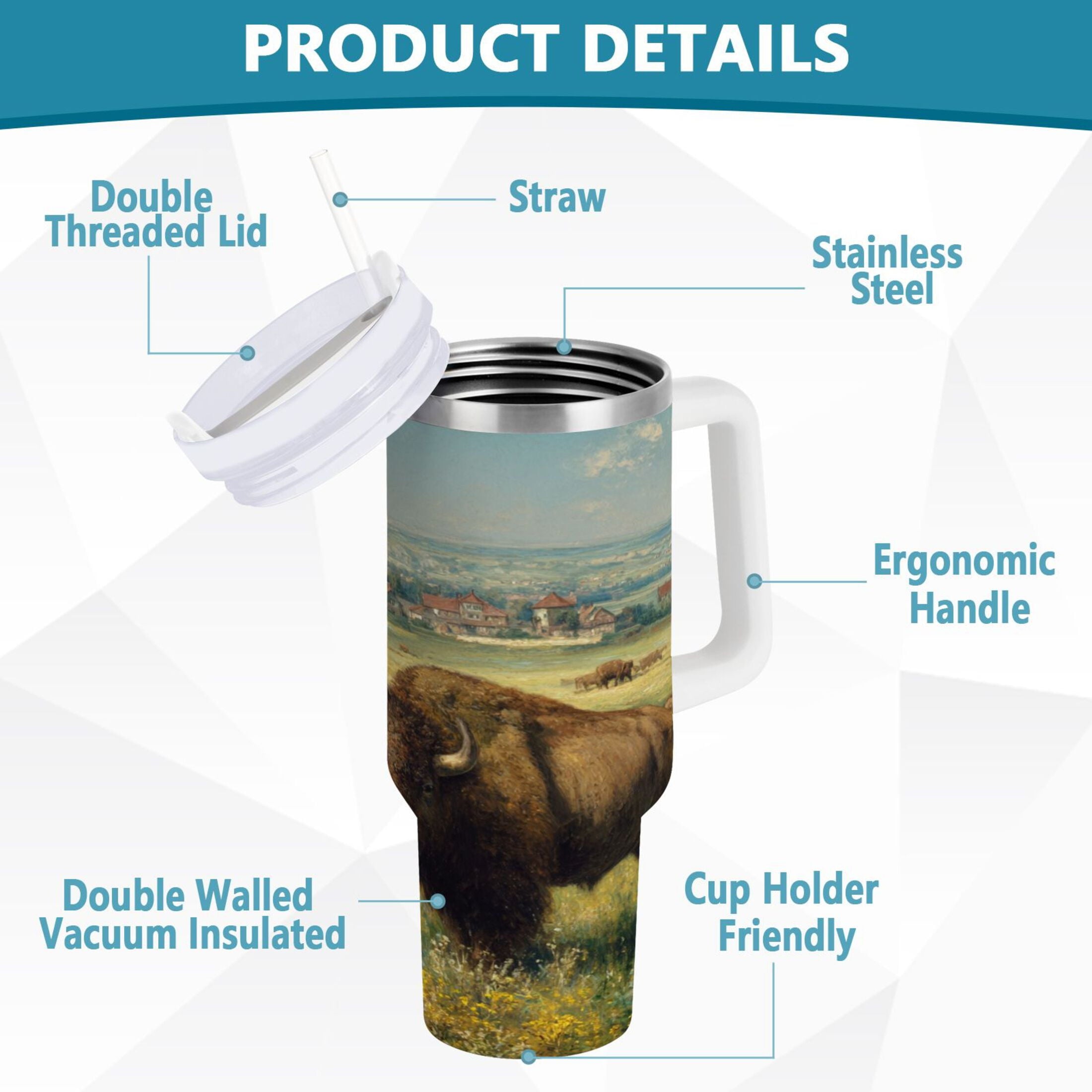 30 oz Insulated Stainless Steel Tumbler Double Wall Stainless Steel Tumbler with 2-Way Drinking Buffalo Herd Oil Painting - Pick 629