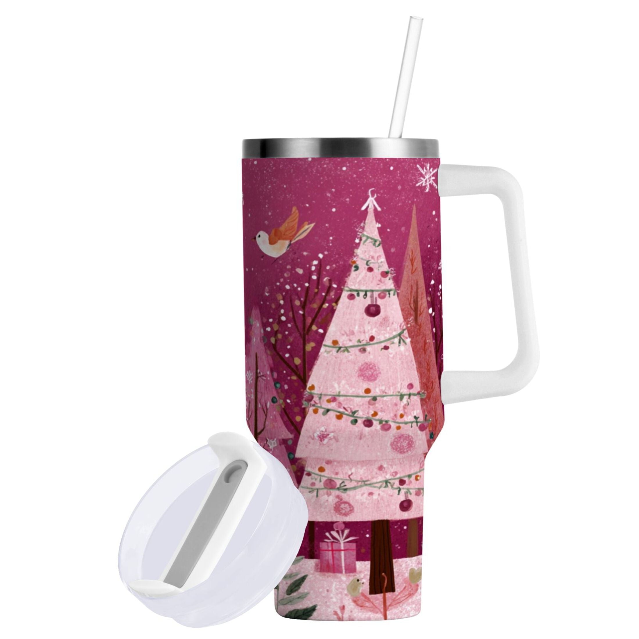 40 oz Insulated Stainless Steel Tumbler Double Wall Stainless Steel Tumbler with 2-Way Drinking Pink Christmas Forest - Pick 480