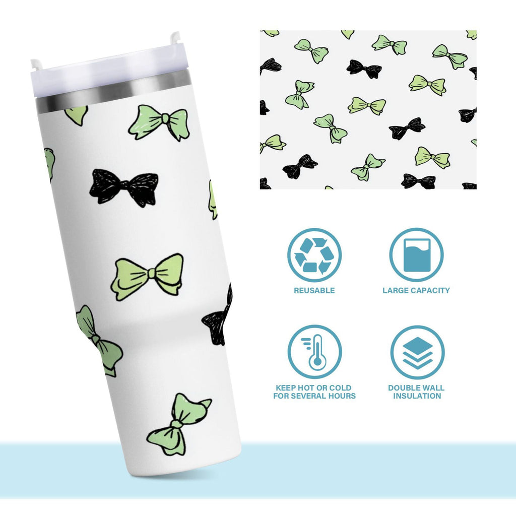 40 oz Insulated Stainless Steel Tumbler Double Wall Stainless Steel Tumbler with 2-Way Drinking Green and Black Bows - Pick 507
