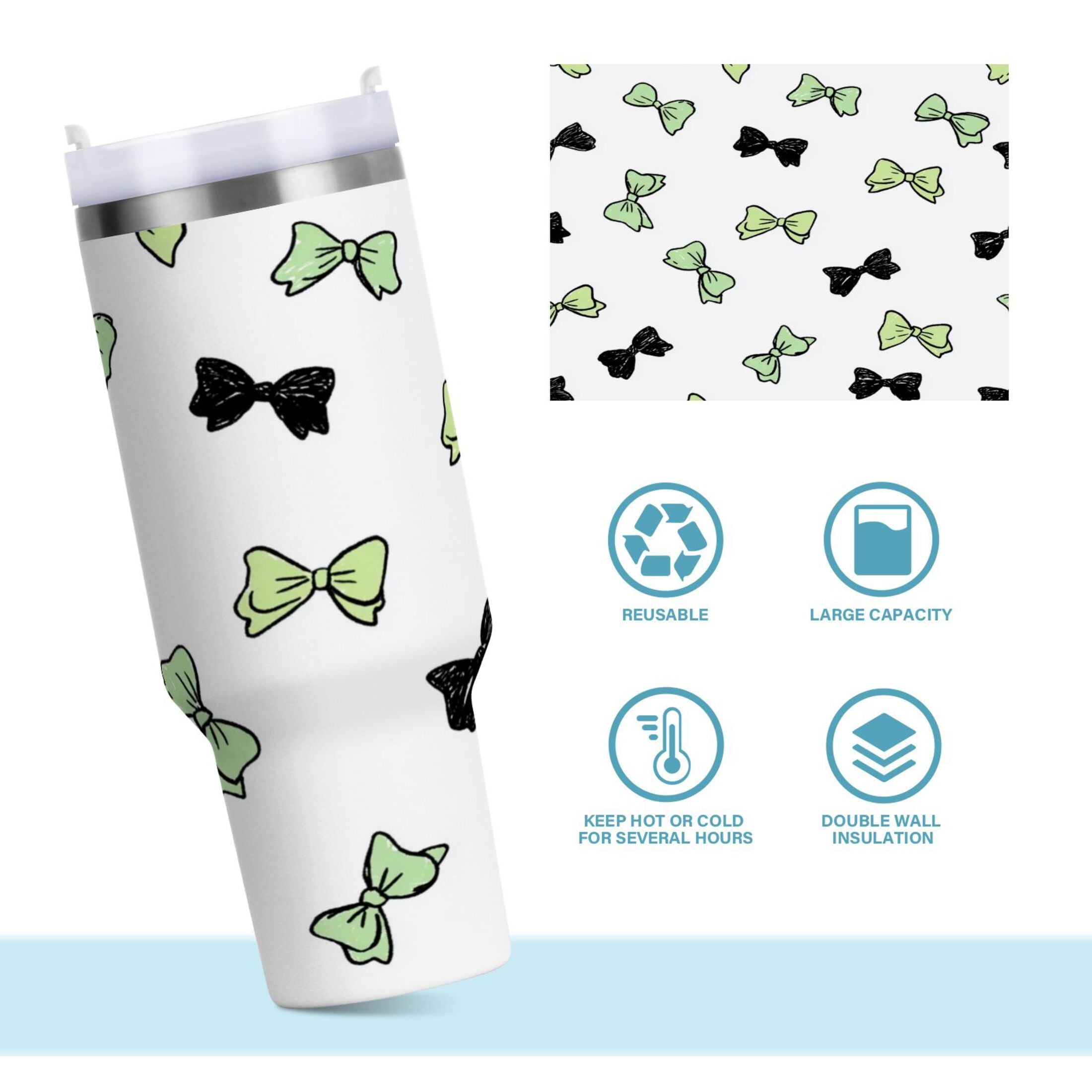 40 oz Insulated Stainless Steel Tumbler Double Wall Stainless Steel Tumbler with 2-Way Drinking Green and Black Bows - Pick 507