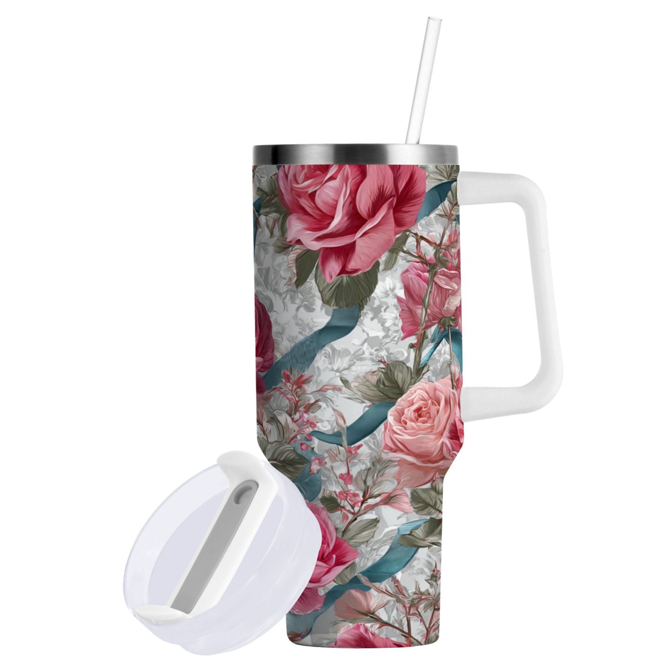 30 oz Insulated Stainless Steel Tumbler Double Wall Stainless Steel Tumbler with 2-Way Drinking Roses and Ribbons - Pick 565