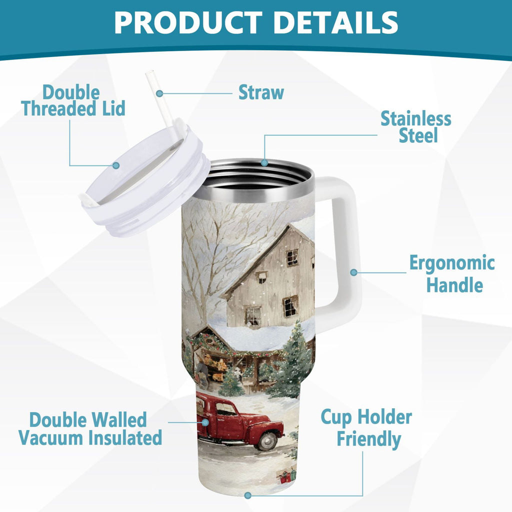 40 oz Insulated Stainless Steel Tumbler Double Wall Stainless Steel Tumbler with 2-Way Drinking Farm Snow Scene - Pick 311