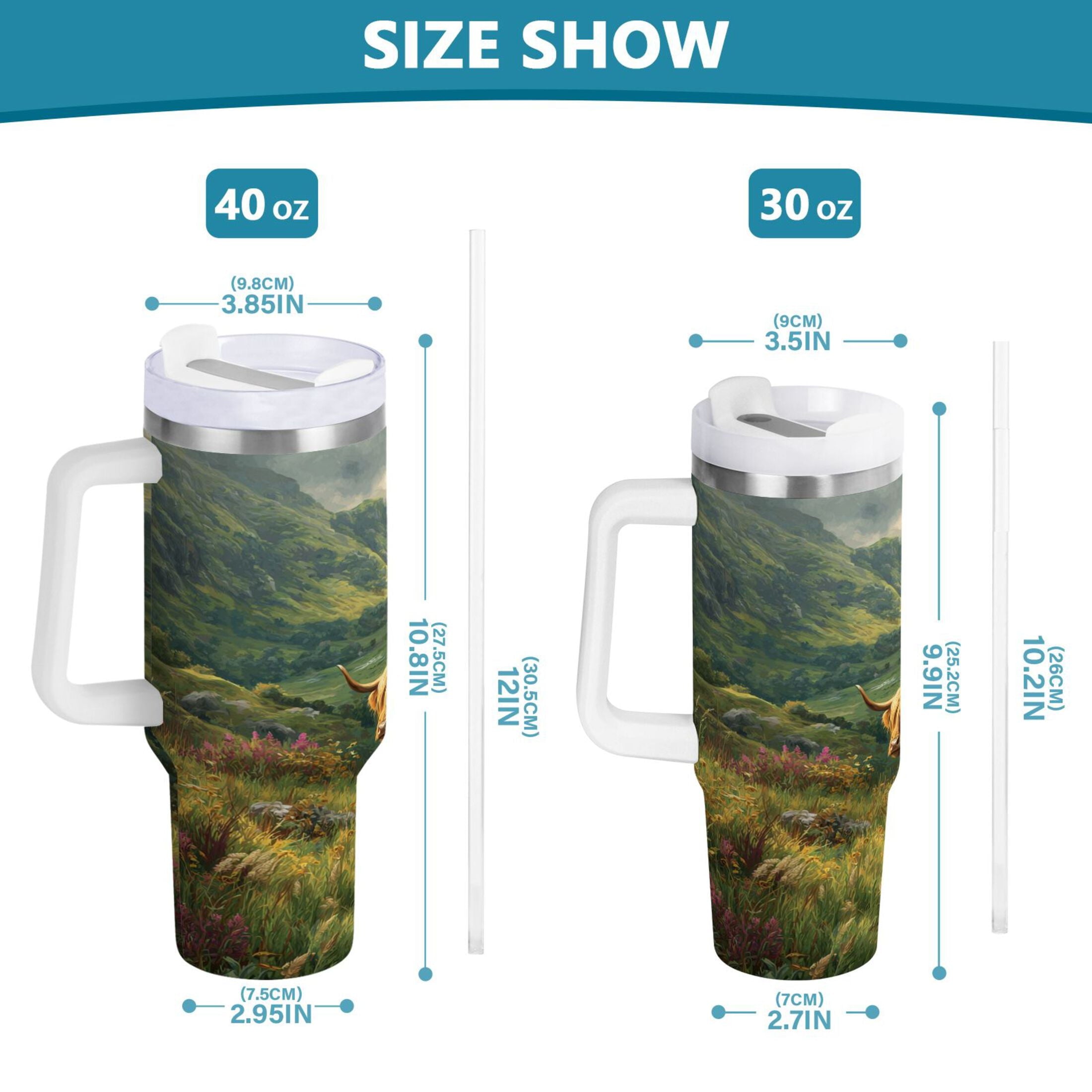 30 oz Insulated Stainless Steel Tumbler Double Wall Stainless Steel Tumbler with 2-Way Drinking Cow in Green Rolling Hills - Pick 393