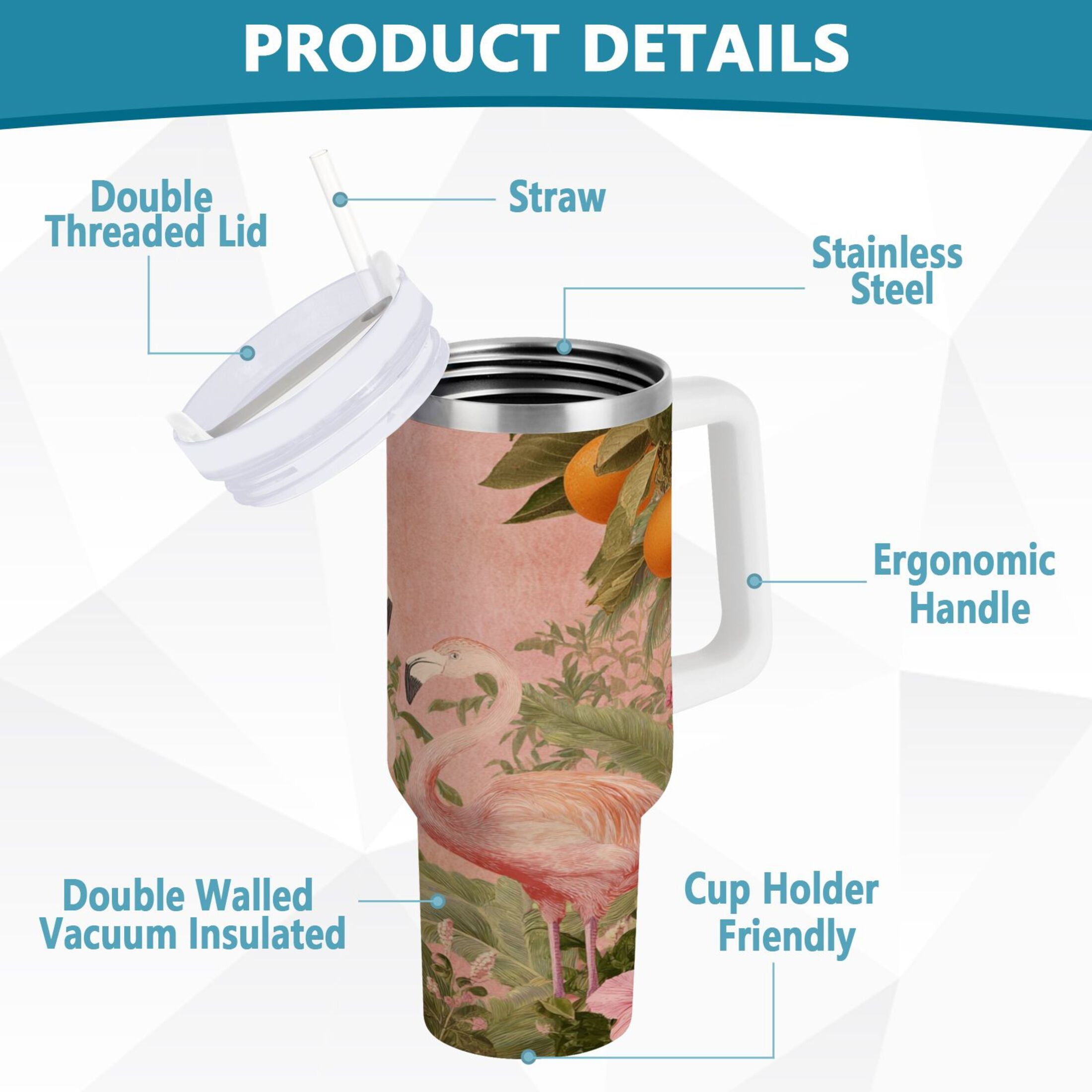 40 oz Insulated Stainless Steel Tumbler Double Wall Stainless Steel Tumbler with 2-Way Drinking Flamingos in Tropical Garden - Pick 352