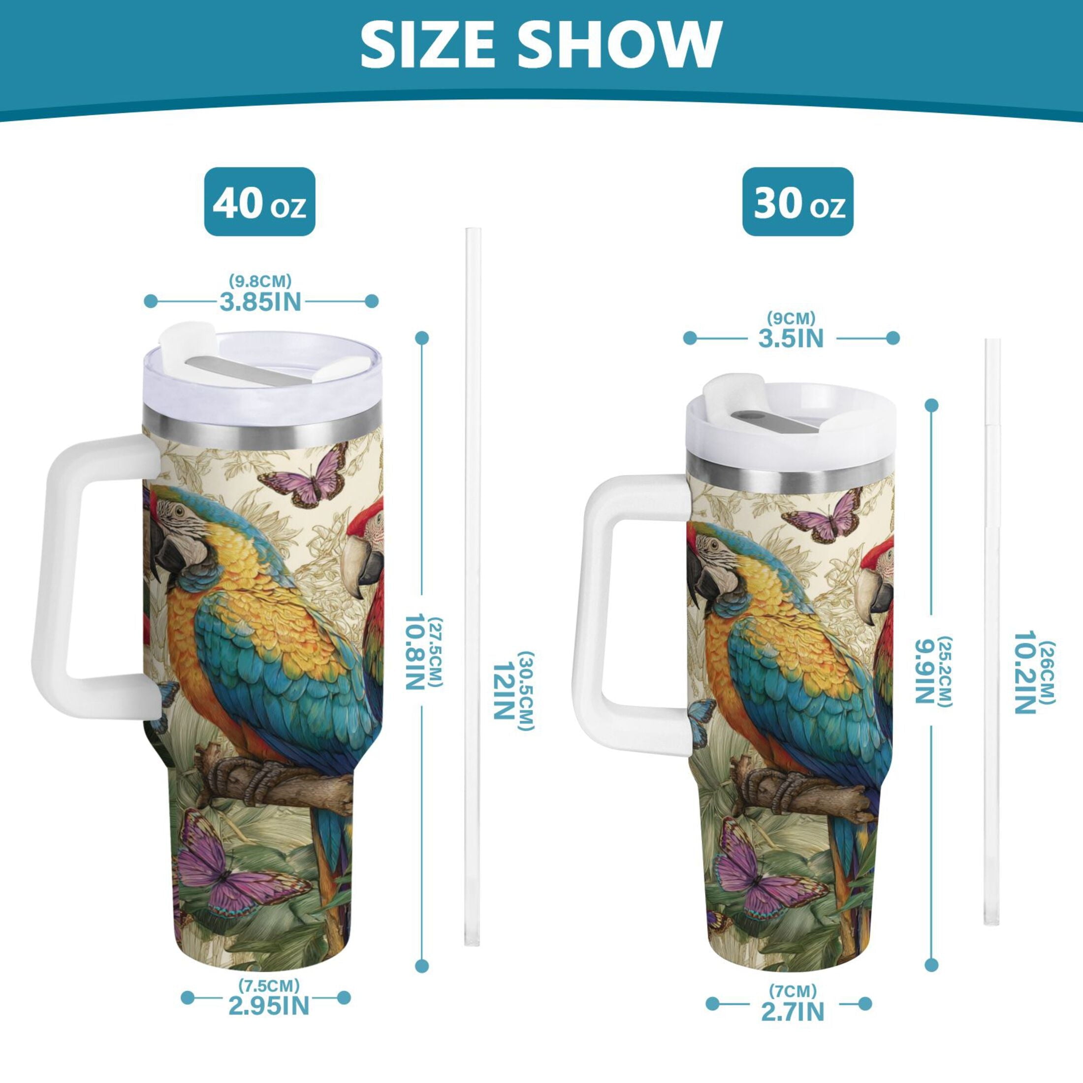 30 oz Insulated Stainless Steel Tumbler Double Wall Stainless Steel Tumbler with 2-Way Drinking Colorful Beautiful Parrots - Pick 300