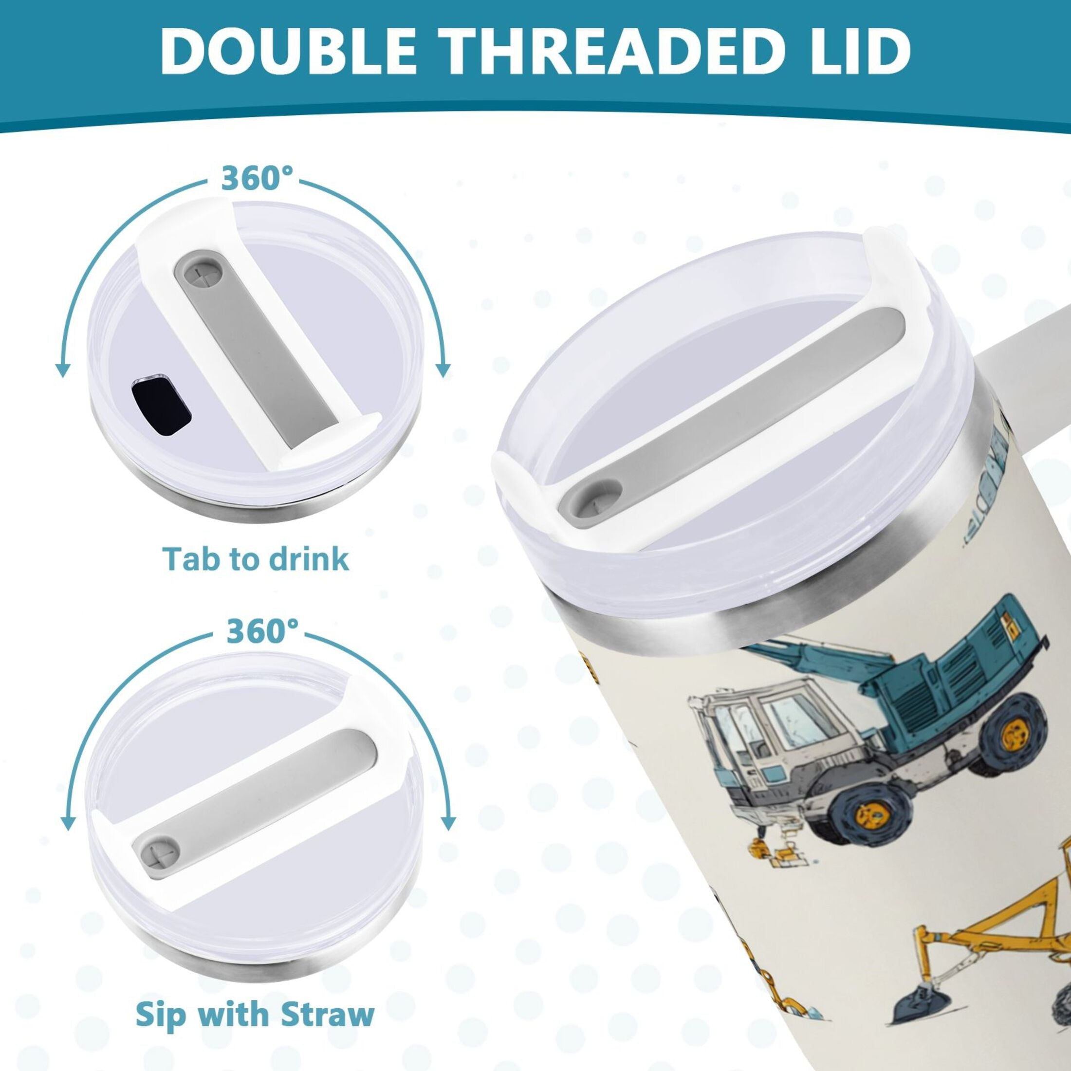 30 oz Insulated Stainless Steel Tumbler Double Wall Stainless Steel Tumbler with 2-Way Drinking Engineering Vehicle Pattern - Pick 402