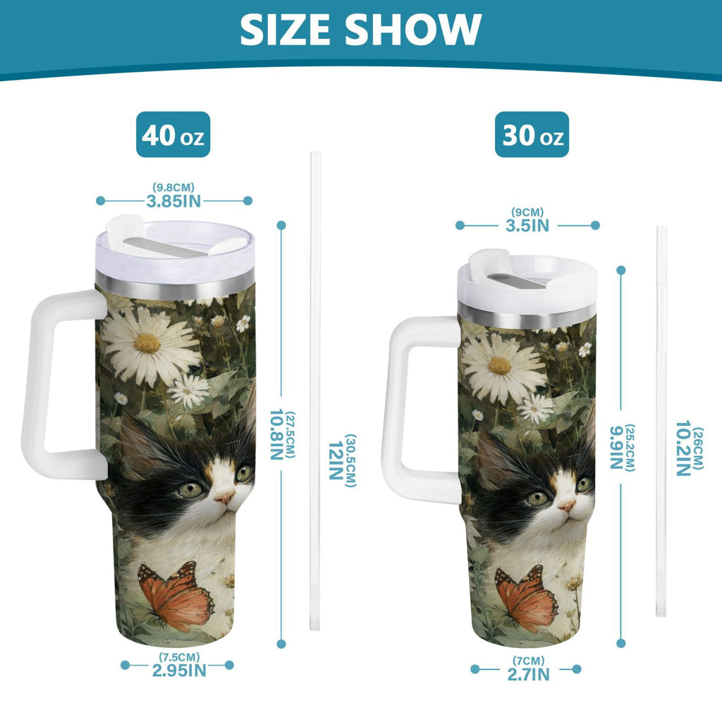 30 oz Insulated Stainless Steel Tumbler Double Wall Stainless Steel Tumbler with 2-Way Drinking Adorable Cats and Daisies - Pick 827