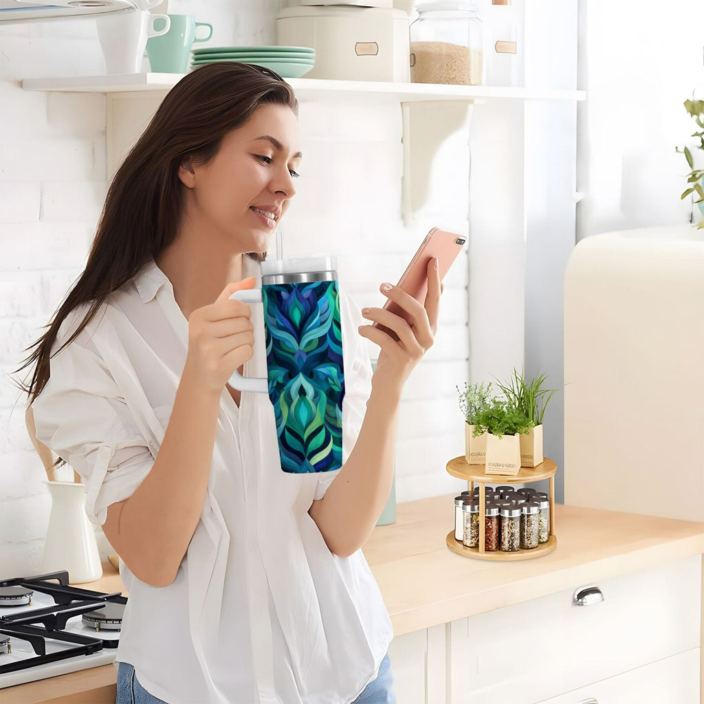 40 oz Insulated Stainless Steel Tumbler Double Wall Stainless Steel Tumbler with 2-Way Drinking Elegant Blue Abstract Shapes - Pick 410