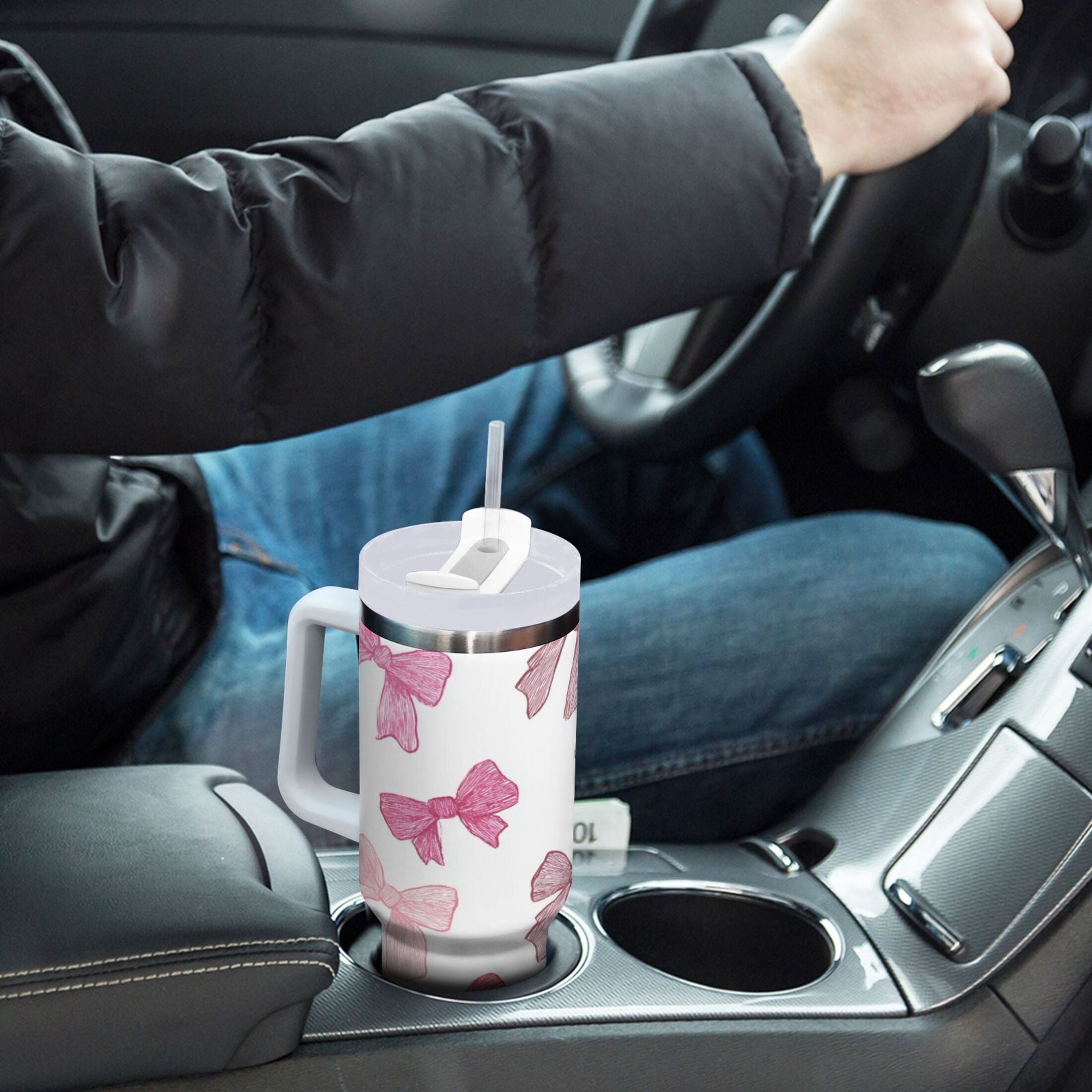 40 oz Insulated Stainless Steel Tumbler Double Wall Stainless Steel Tumbler with 2-Way Drinking Pink Bows Pattern - Pick 714