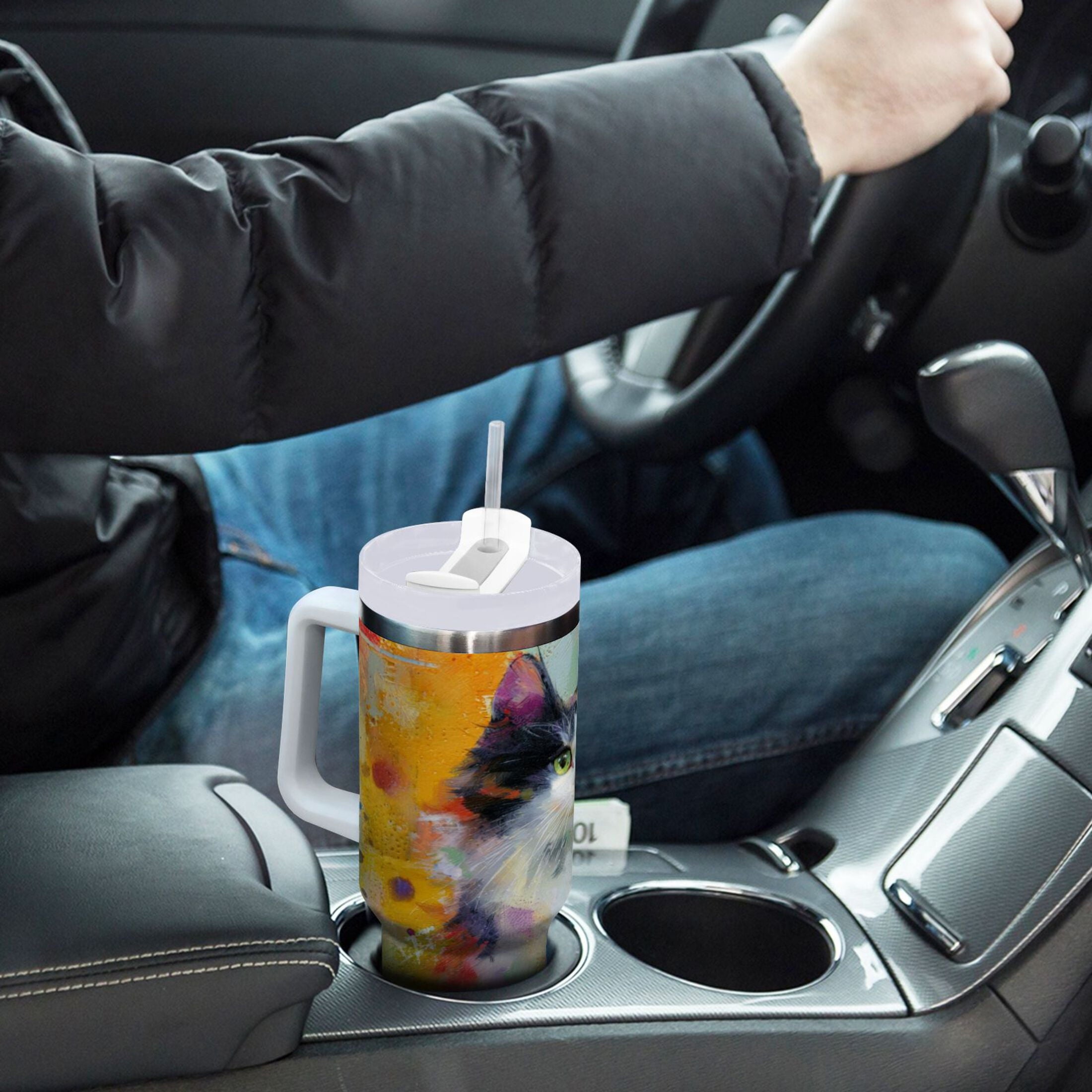 30 oz Insulated Stainless Steel Tumbler Double Wall Stainless Steel Tumbler with 2-Way Drinking Charming Hairy Cat - Pick 953
