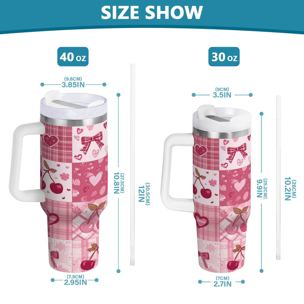 30 oz Insulated Stainless Steel Tumbler Double Wall Stainless Steel Tumbler with 2-Way Drinking Cherry Pattern with Bows - Pick 766