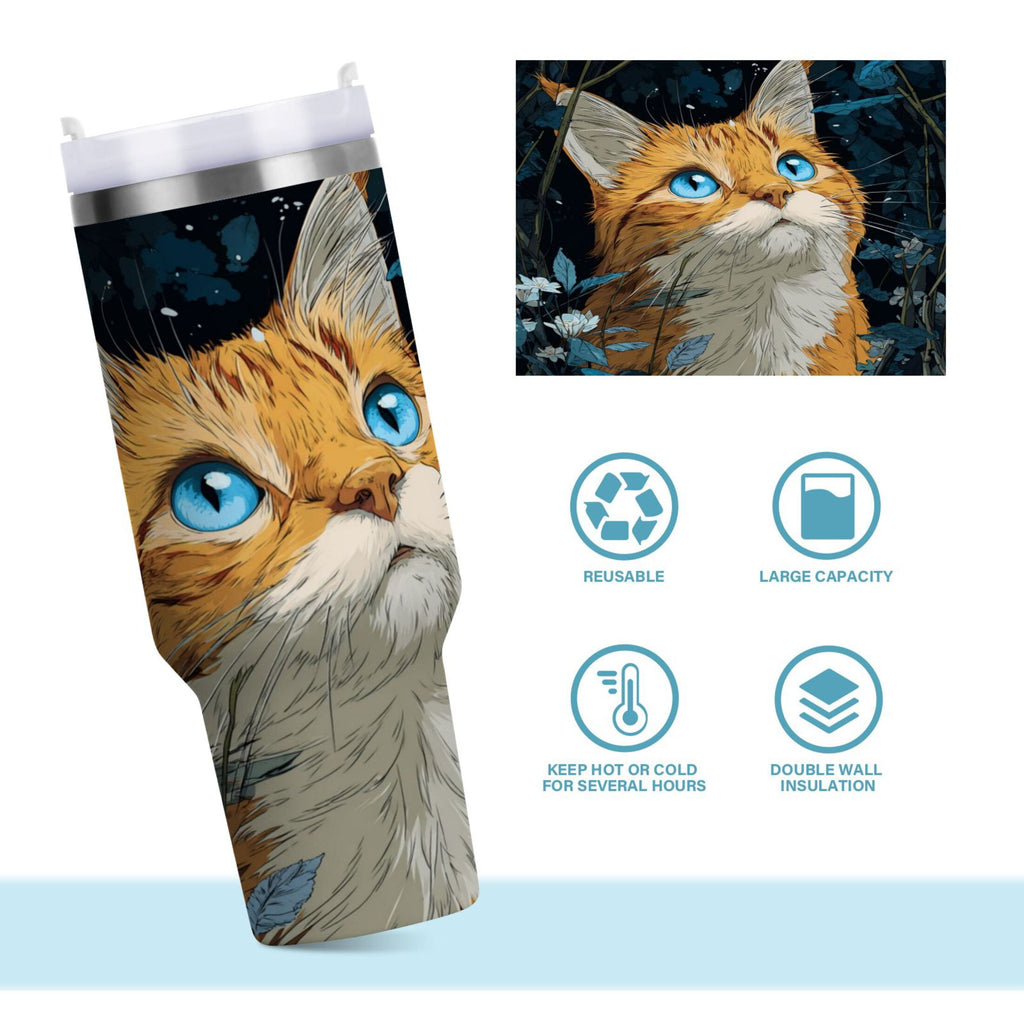 30 oz Insulated Stainless Steel Tumbler Double Wall Stainless Steel Tumbler with 2-Way Drinking Orange Cat with Blue Eyes - Pick 547