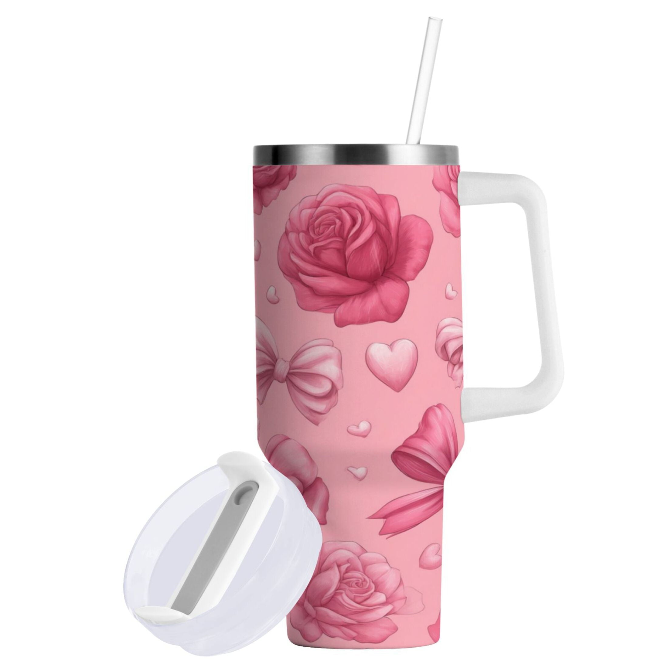 40 oz Insulated Stainless Steel Tumbler Double Wall Stainless Steel Tumbler with 2-Way Drinking Roses and Bows Pattern - Pick 960