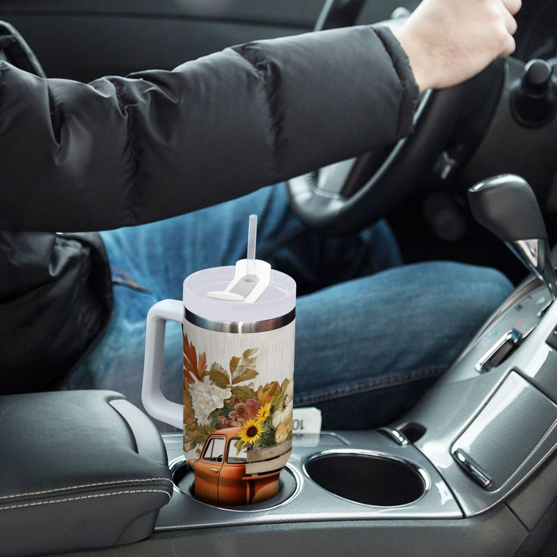 40 oz Insulated Stainless Steel Tumbler Double Wall Stainless Steel Tumbler with 2-Way Drinking Truck Full Of Pumpkins - Pick 103