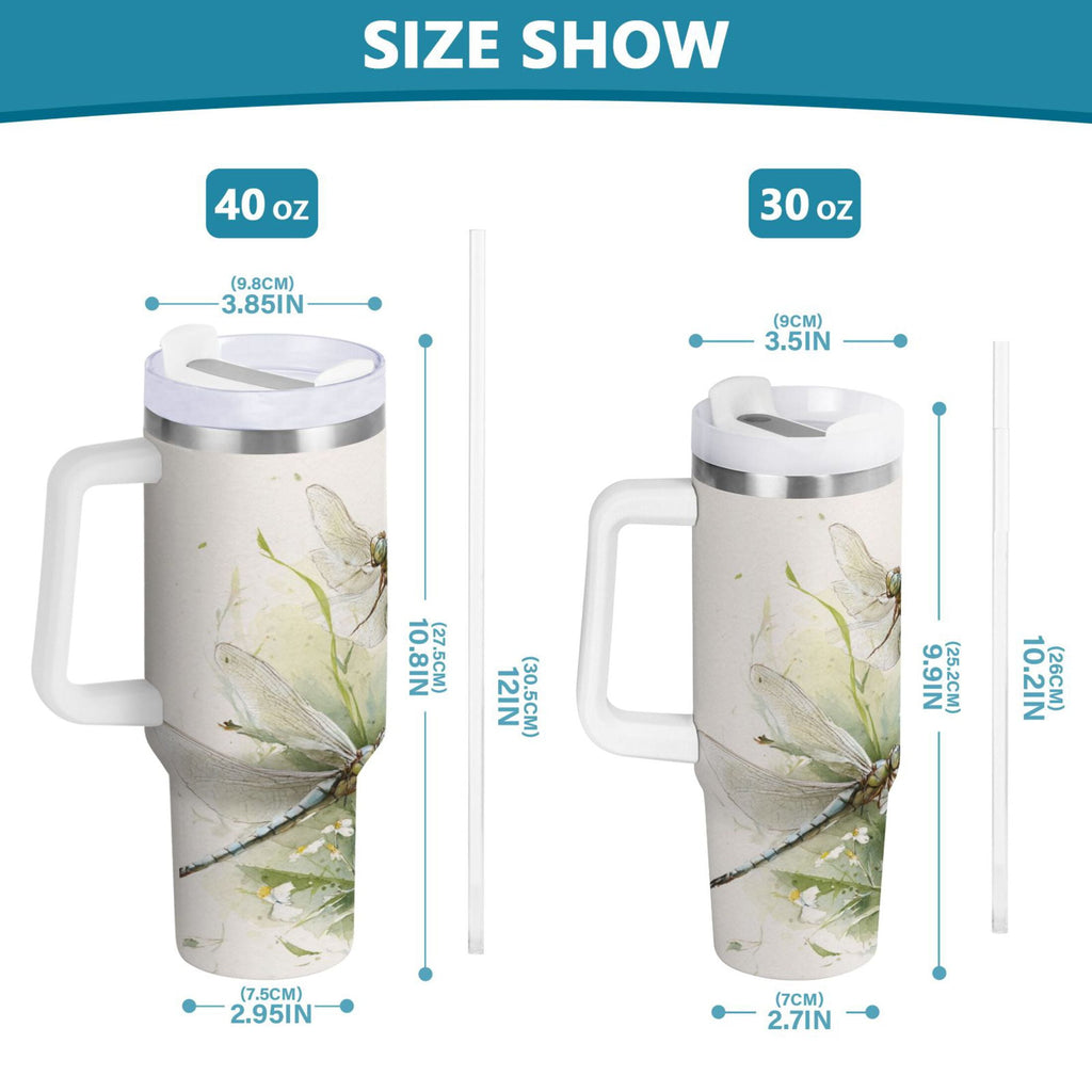 30 oz Insulated Stainless Steel Tumbler Double Wall Stainless Steel Tumbler with 2-Way Drinking Dragonflies with White Daisies - Pick 586