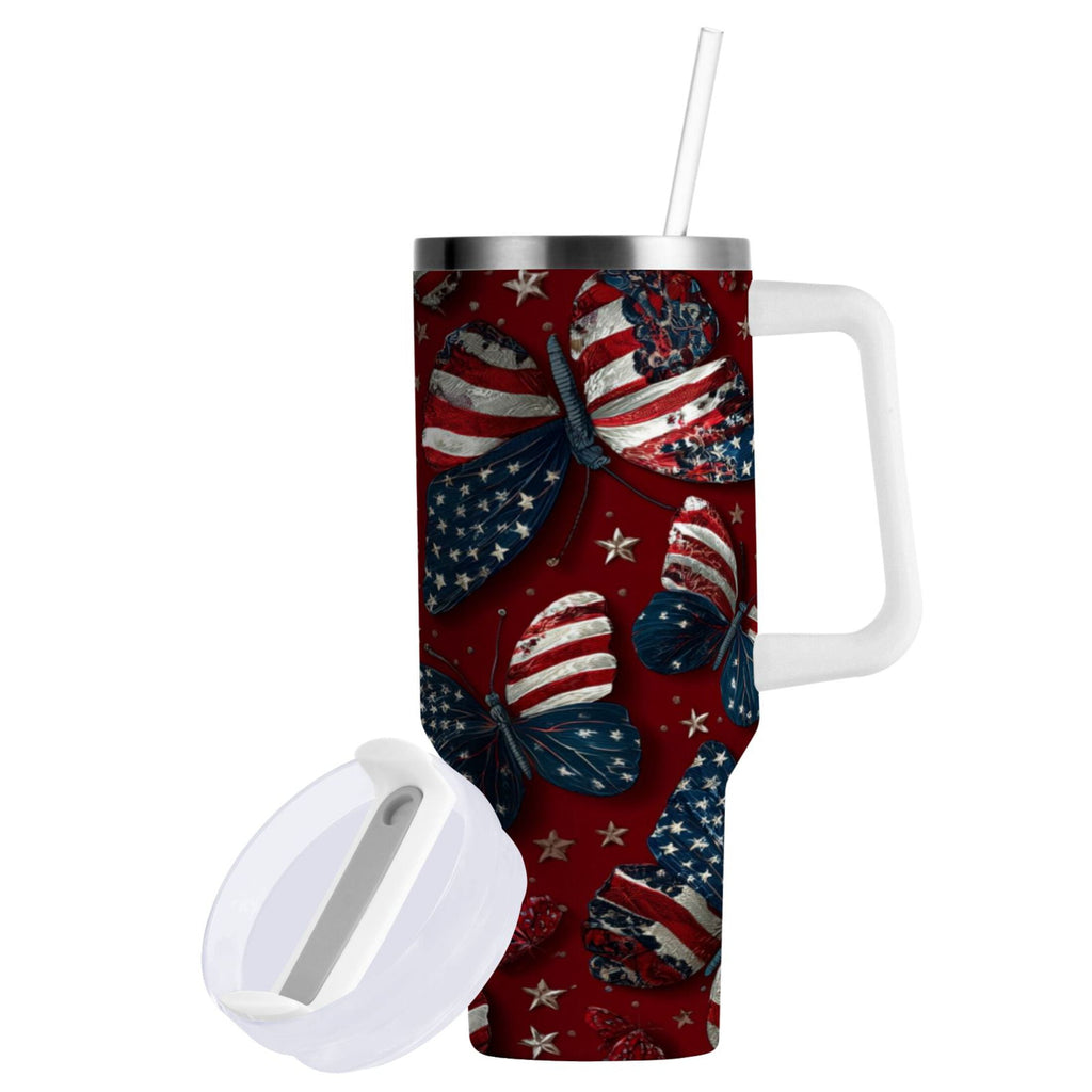 40 oz Insulated Stainless Steel Tumbler Double Wall Stainless Steel Tumbler with 2-Way Drinking Butterfly with National Flag - Pick 849