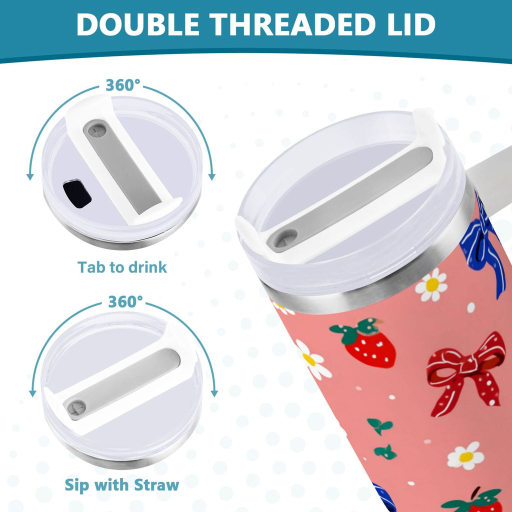 40 oz Insulated Stainless Steel Tumbler Double Wall Stainless Steel Tumbler with 2-Way Drinking Bows and Strawberries Pattern - Pick 631